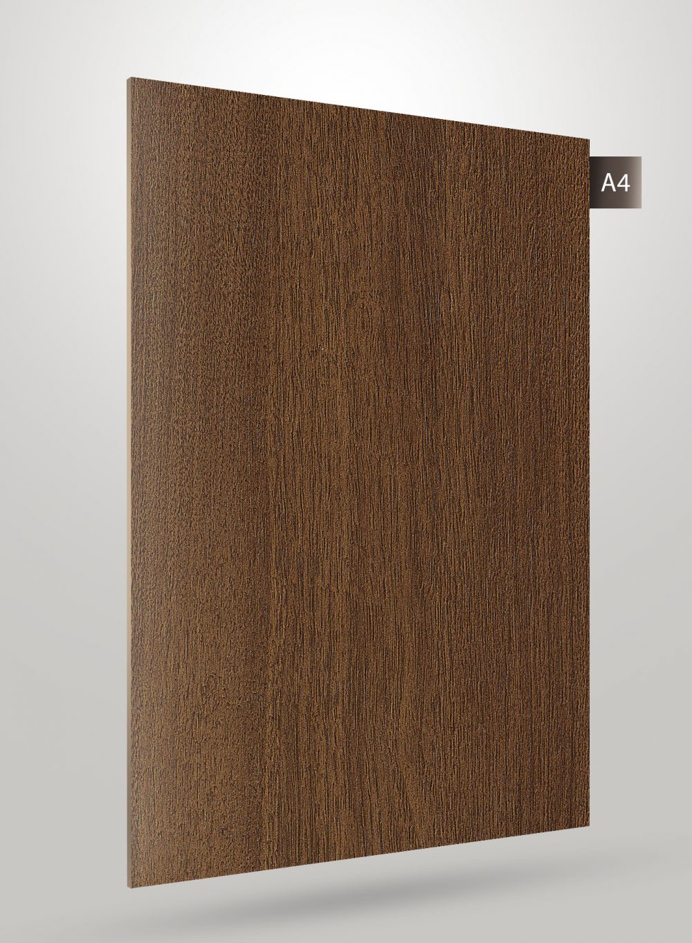 Brown wood grain decorative laminate with matte finish and vertical texture pattern on a white background with A4 label.