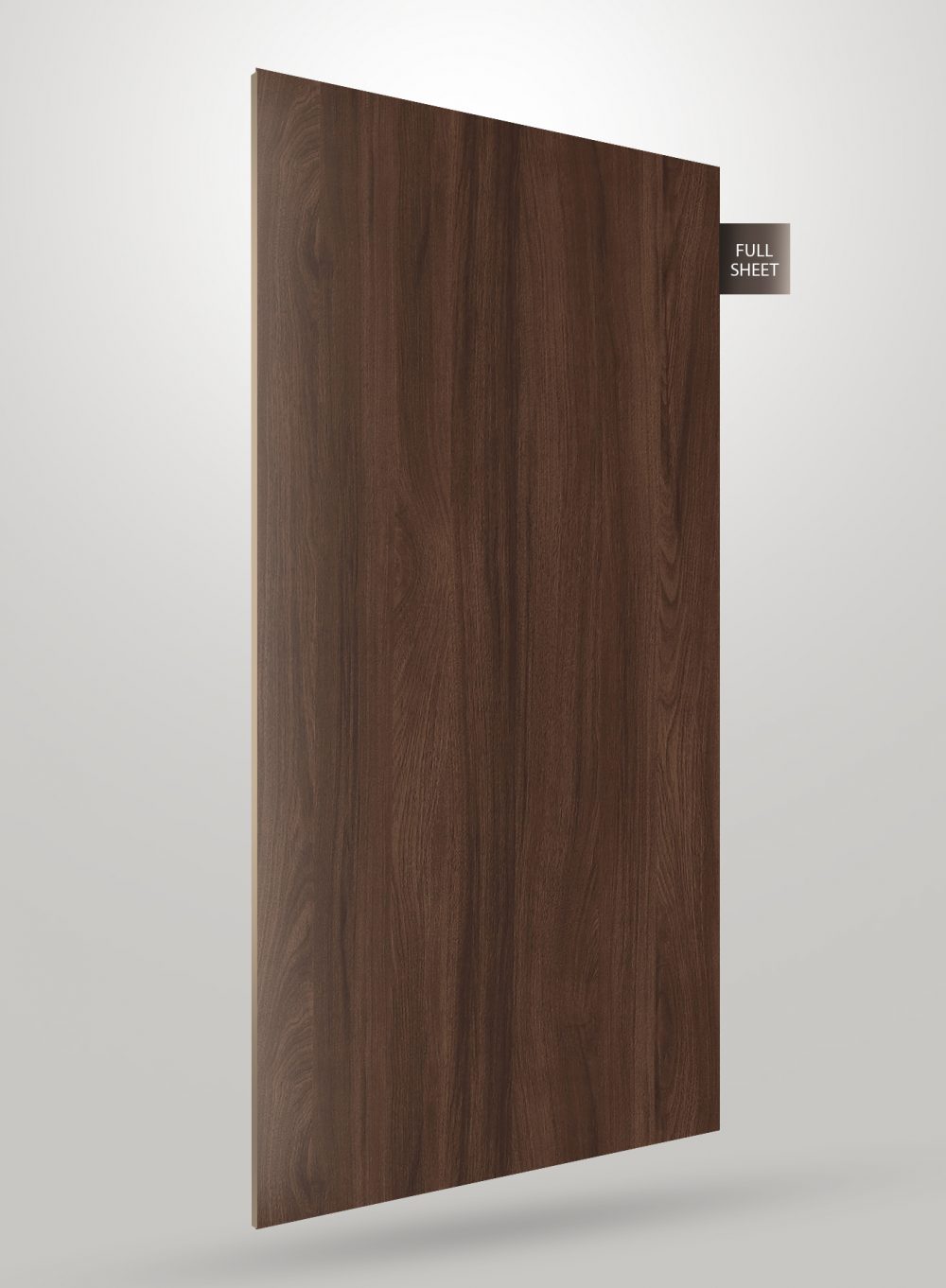 Dark brown wood grain decorative laminate with matte finish and visible wood texture, shown as a full sheet.