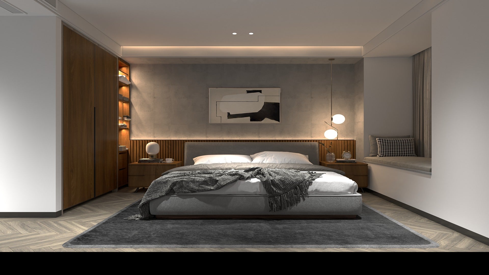Wood laminate with wood grain texture used on wardrobe and bedside tables in modern bedroom interior design.