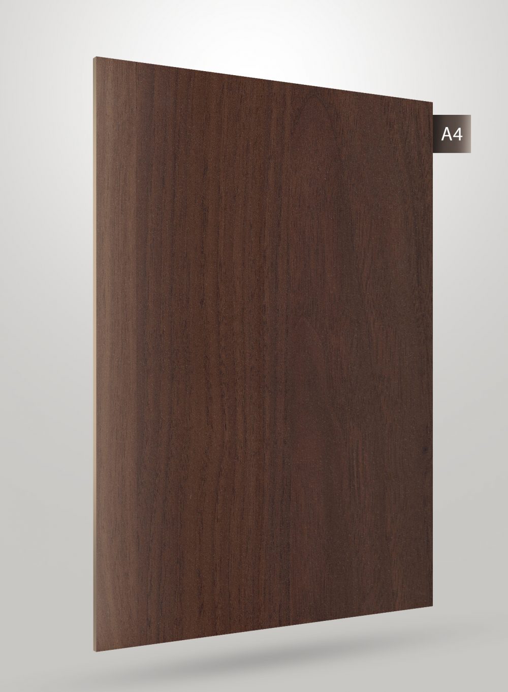 Brown wood grain decorative laminate with matte finish and vertical wood pattern texture.