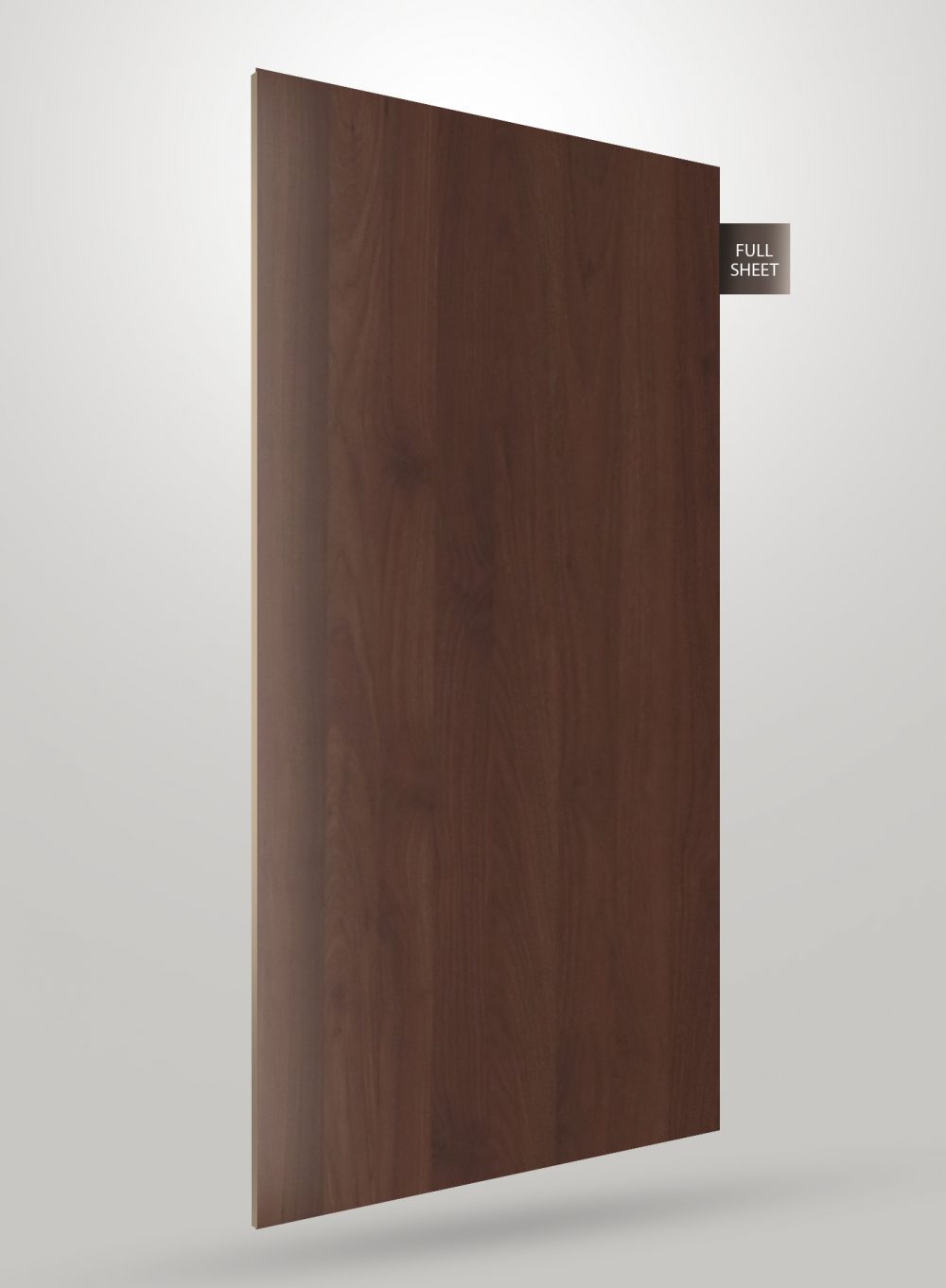 Brown wood grain decorative laminate sheet with matte finish and visible wood texture, labeled full sheet.