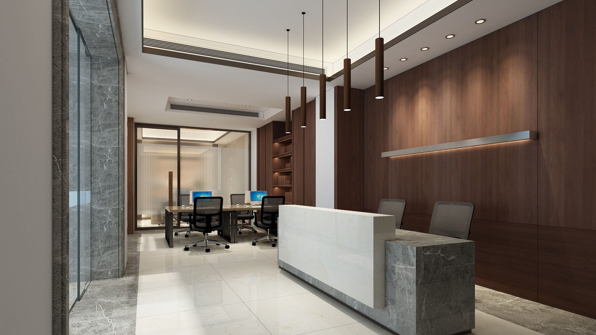 Brown wood laminate wall with matte finish and wood grain texture in modern office reception area with sleek decor