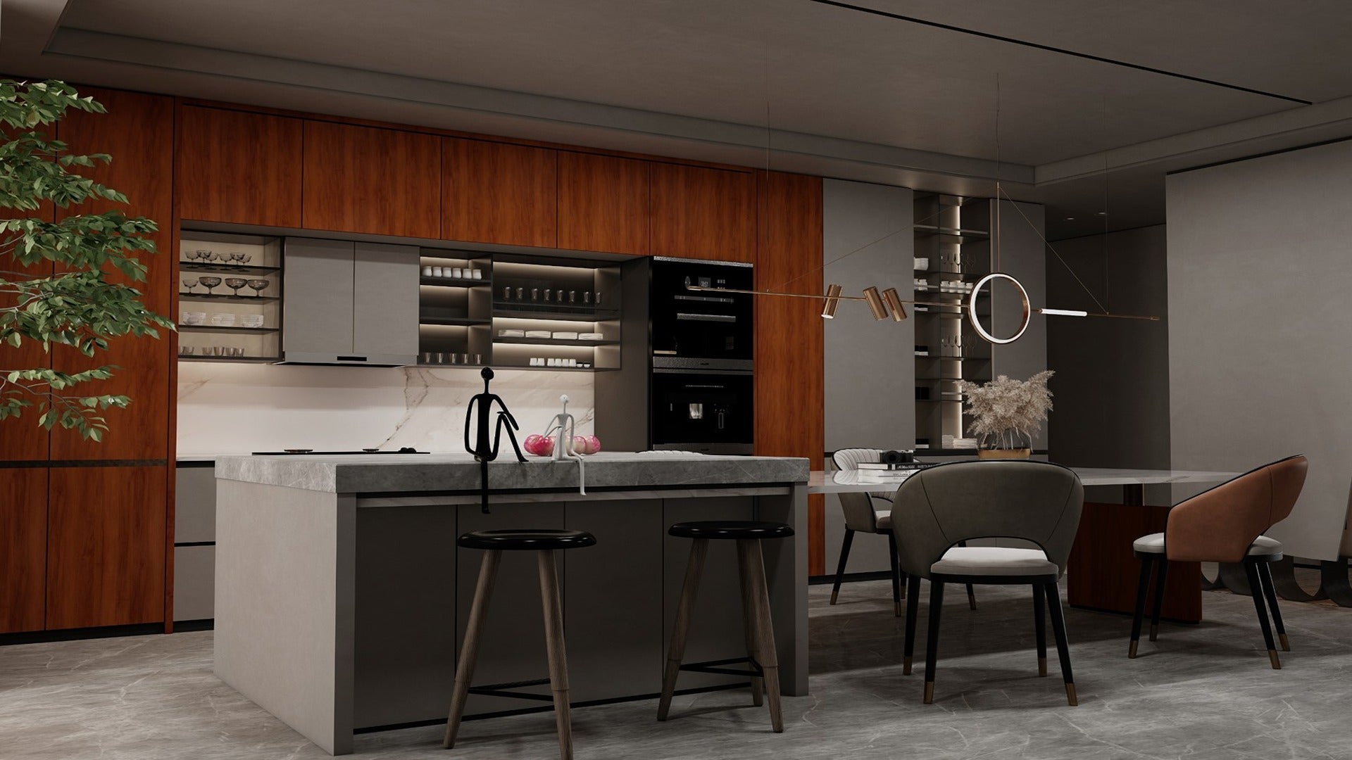 Wood laminate kitchen cabinets with matte finish and wood grain texture in modern kitchen interior design setting.
