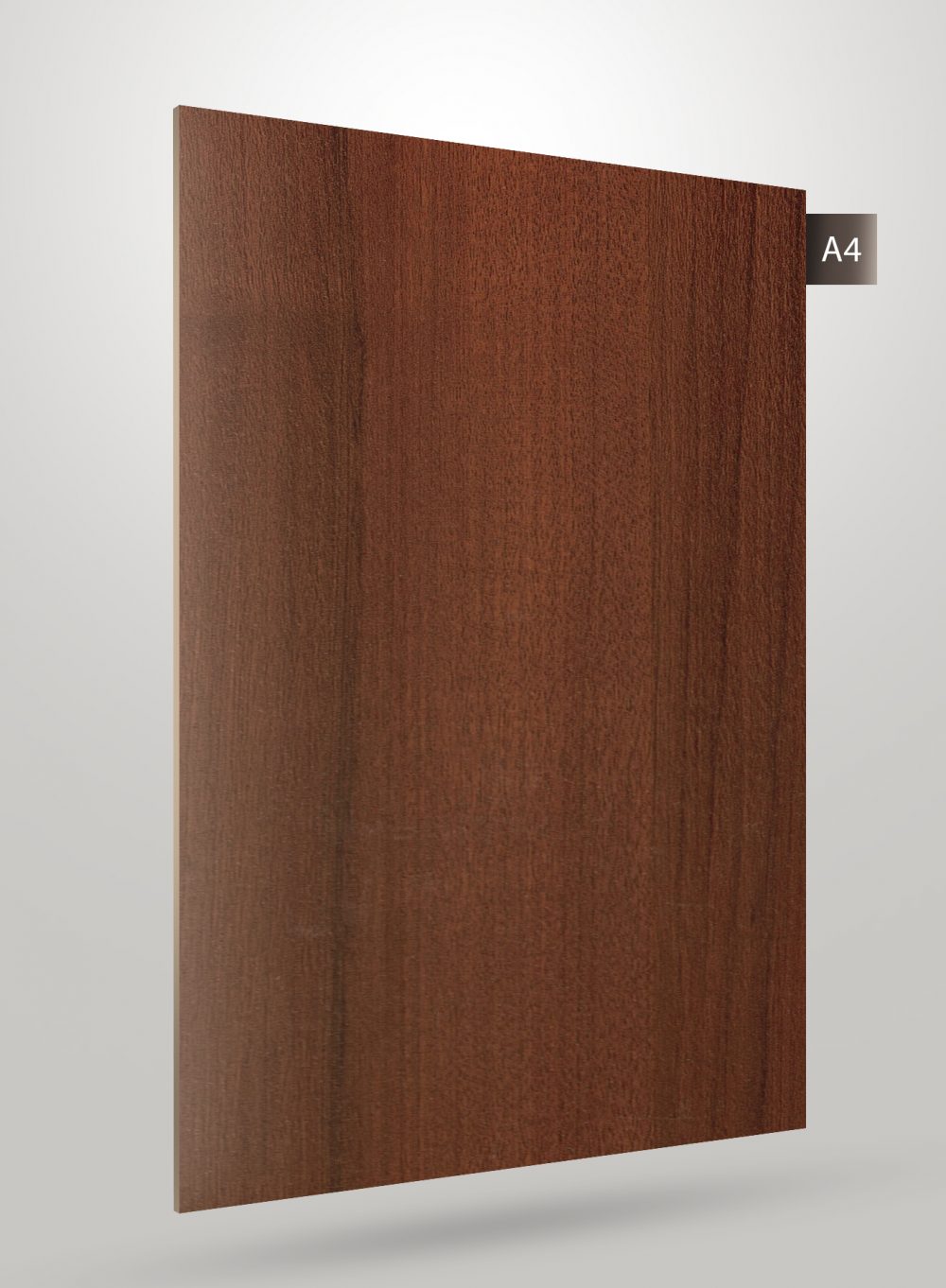 Brown wood veneer laminate with matte finish and wood grain texture visible on the surface of the sheet.