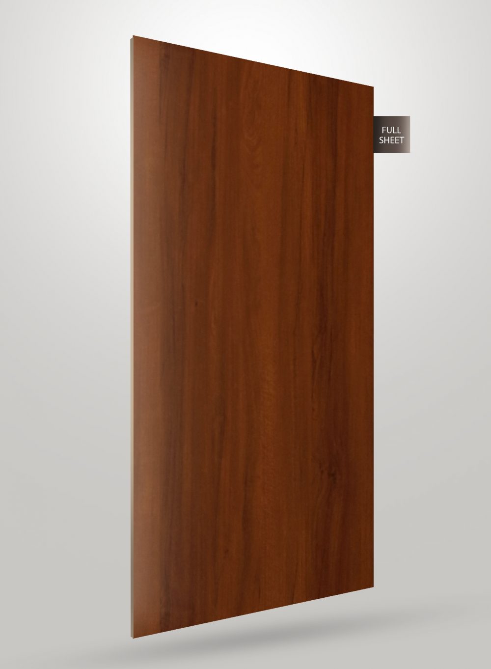 Brown wood veneer laminate sheet with vertical grain pattern and matte finish, labeled full sheet.