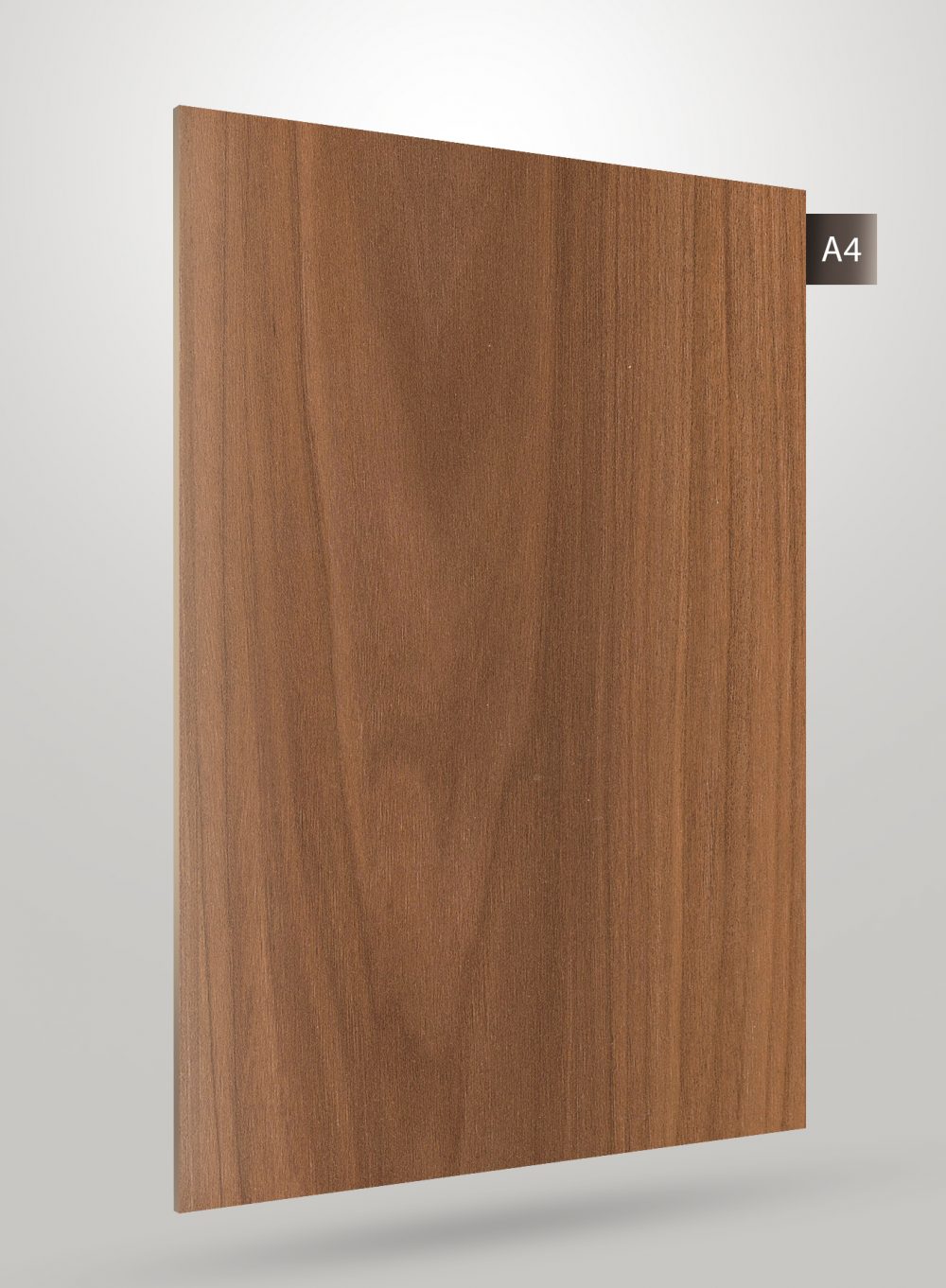 Brown wood grain decorative laminate with matte finish and visible wood texture and grain pattern on rectangular sheet