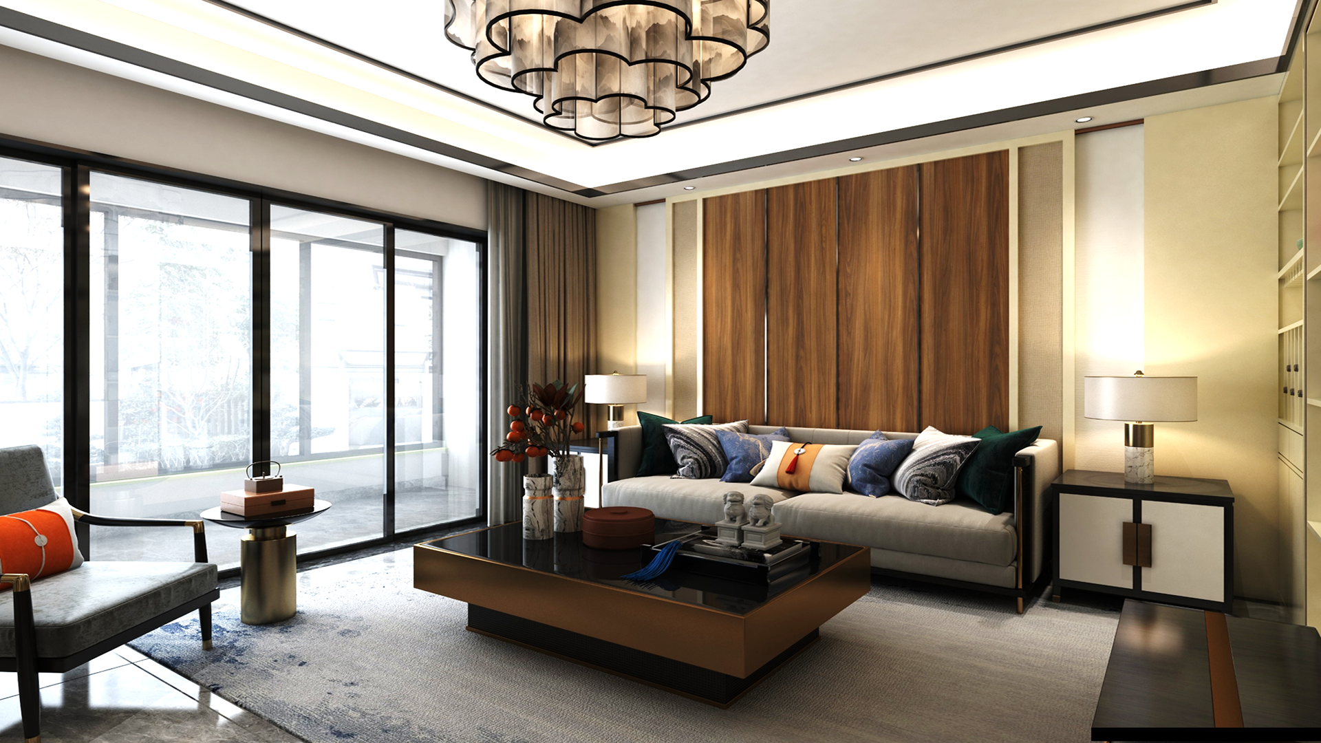 Brown wood laminate wall panel with matte finish in a modern living room setting with furniture and decor