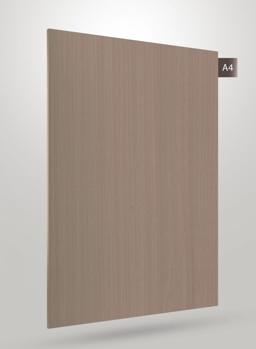 Beige wood grain decorative laminate with matte finish and vertical wood pattern texture on a square sample sheet