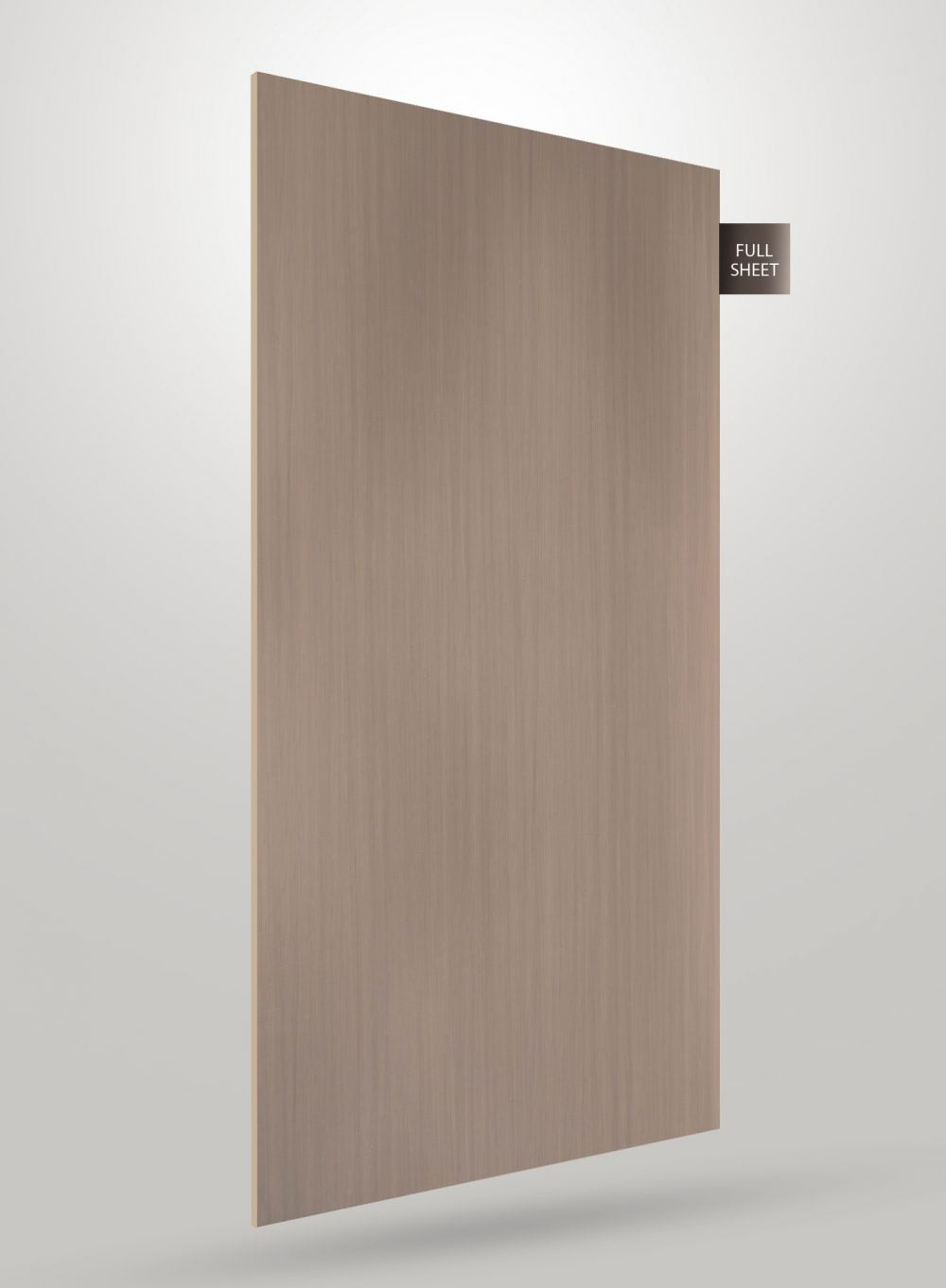 Beige wood grain laminate sheet with matte finish and vertical wood pattern displayed at an angle.