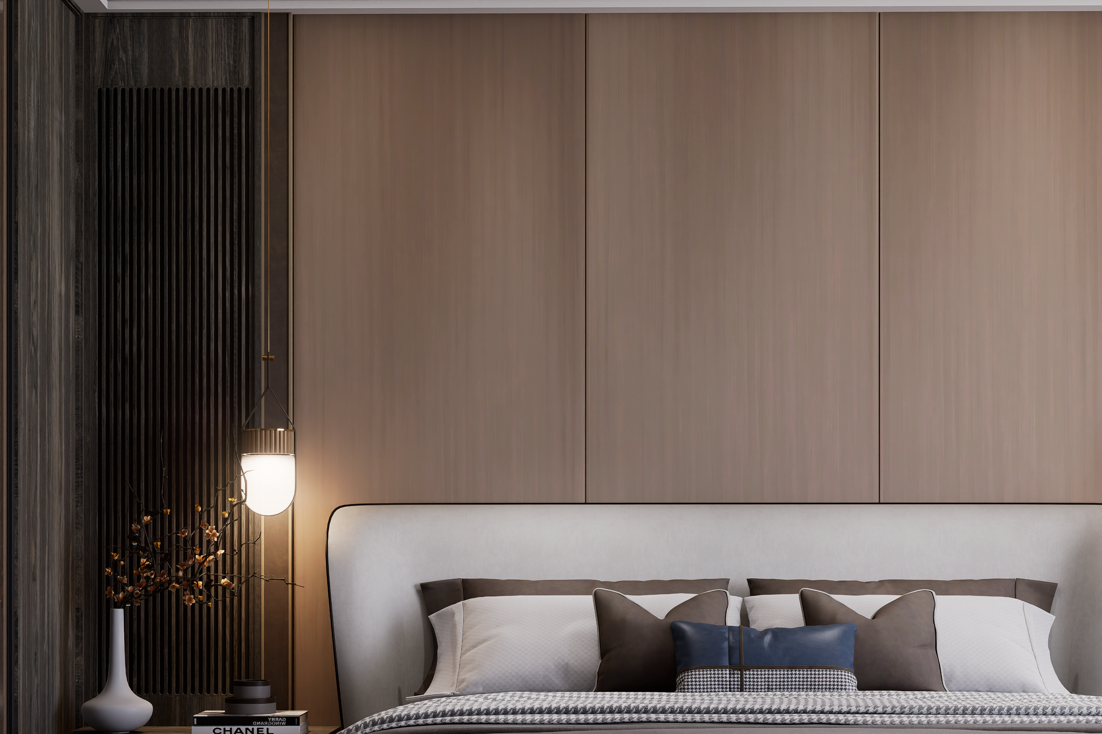 Beige wood laminate wall with matte finish and wood grain texture in a modern bedroom setting with furniture and decor