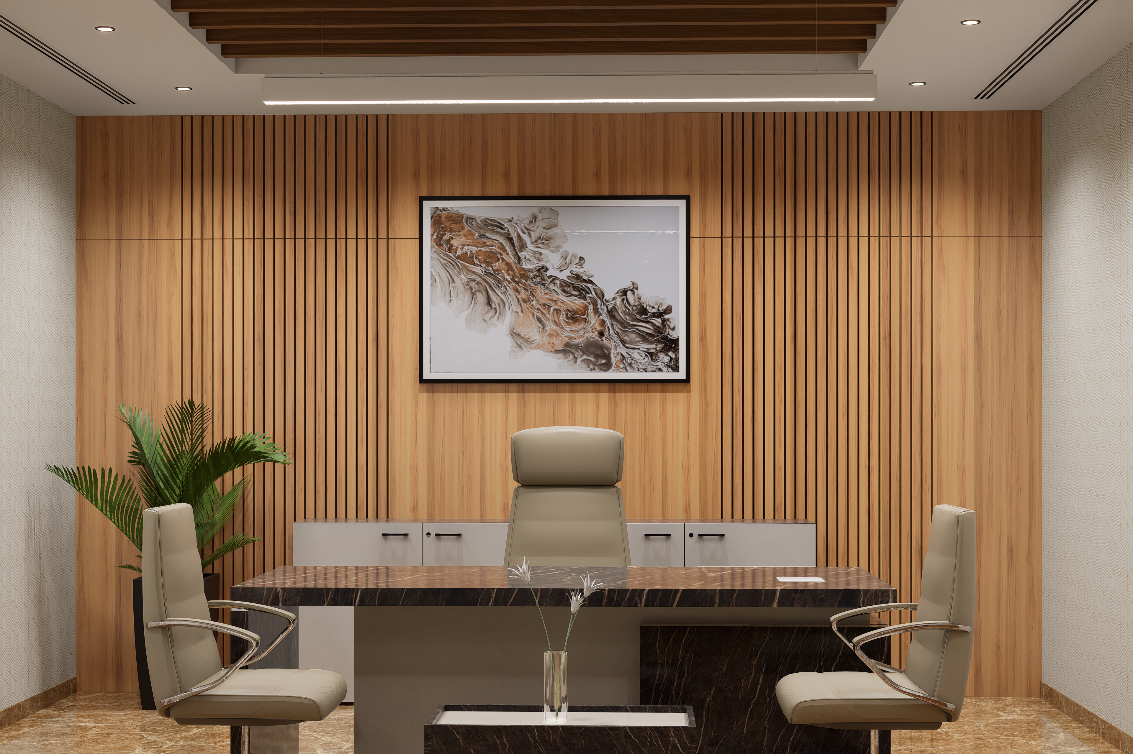 Brown wood laminate wall with vertical slats and matte finish in a modern office setting with furniture and decor