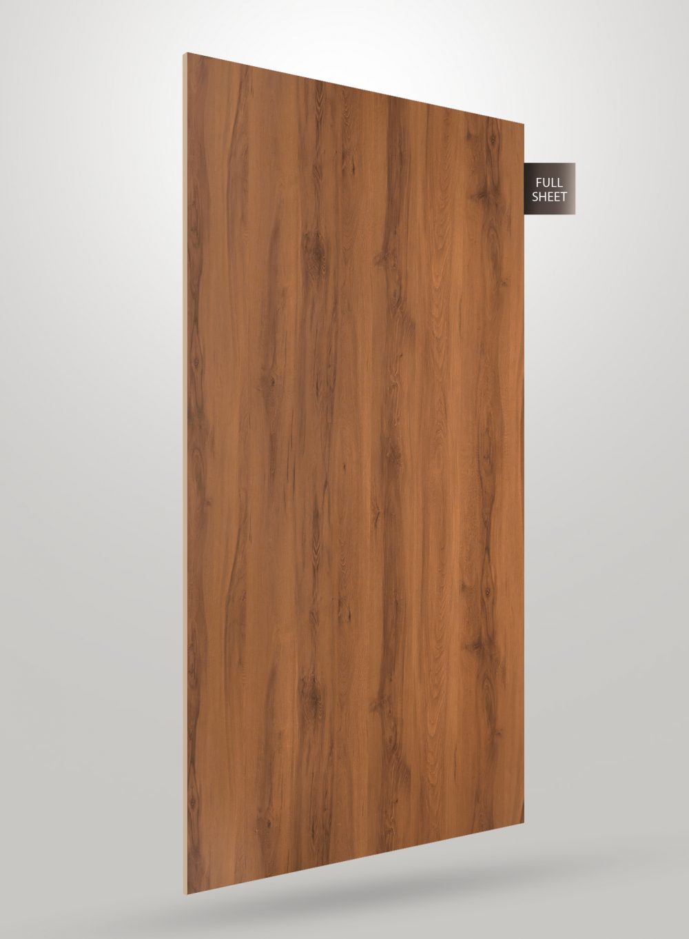 Brown wood grain decorative laminate sheet with vertical wood pattern and matte finish displayed on a white background.