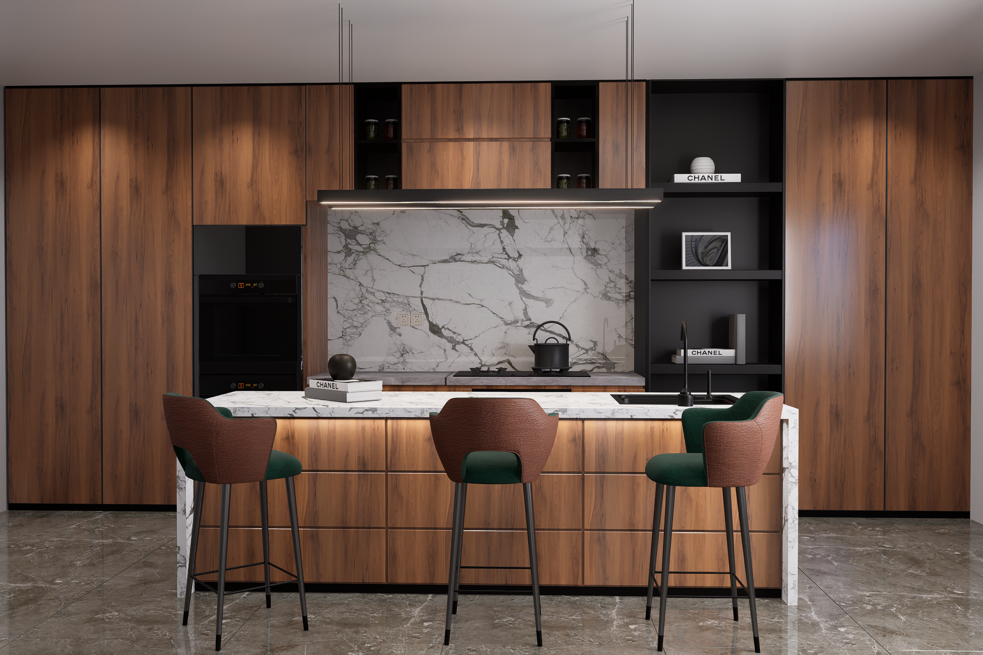 Brown wood laminate kitchen cabinets with wood grain texture and matte finish in a modern kitchen setting.