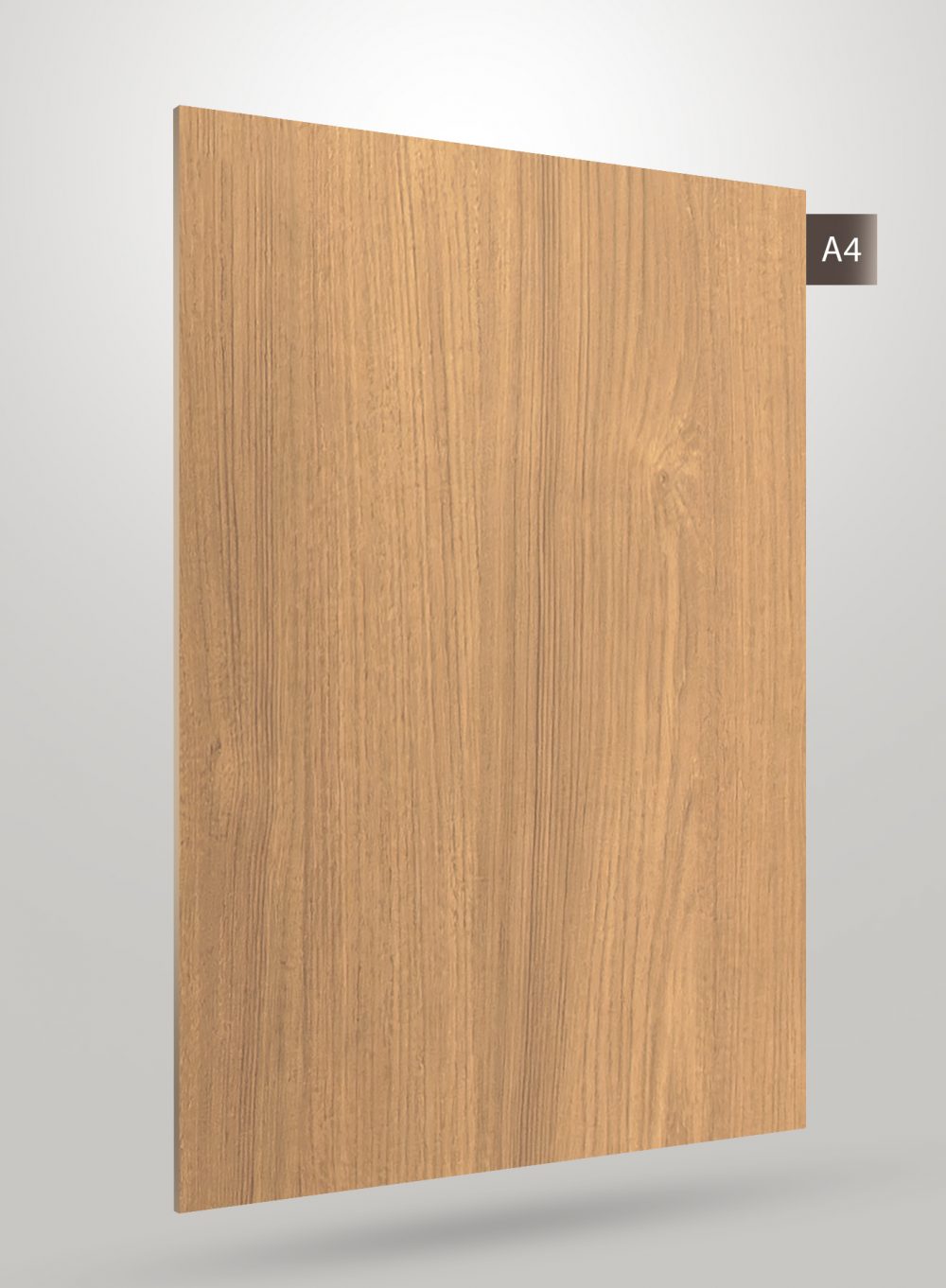 Brown wood grain decorative laminate with matte finish and vertical wood pattern texture.