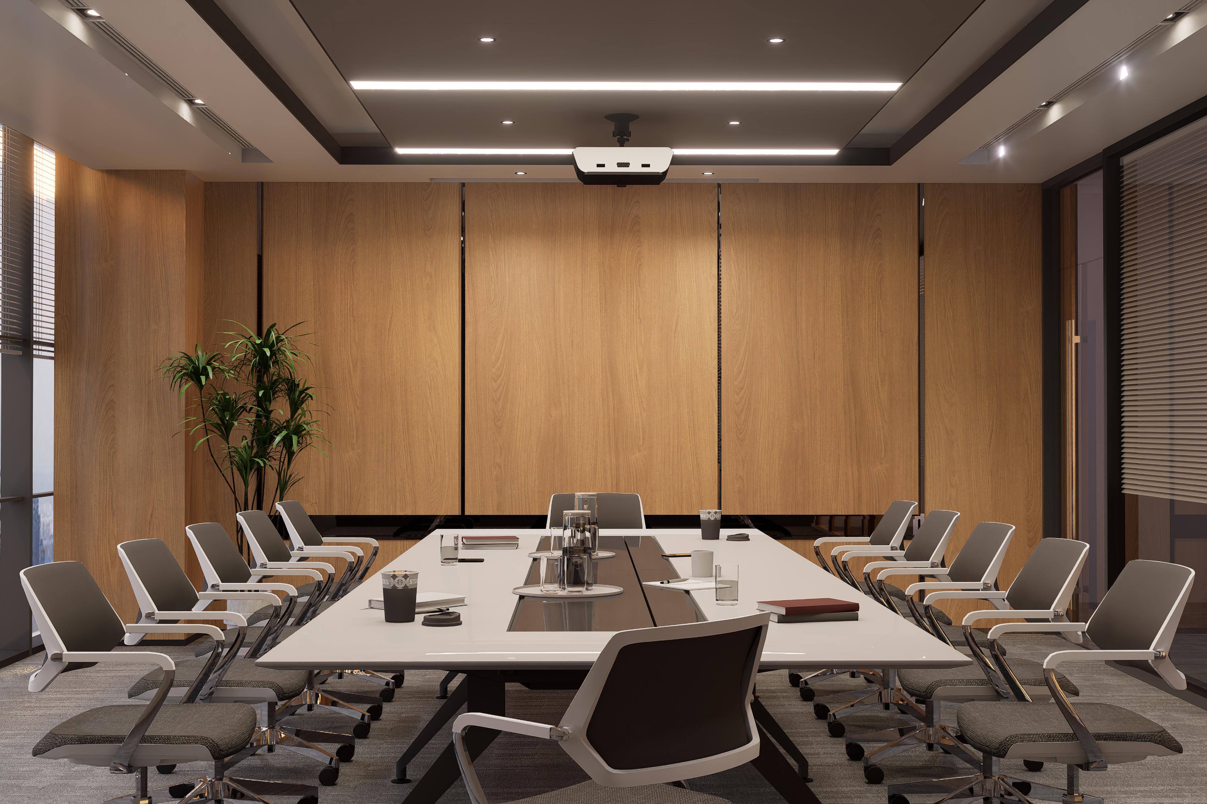 Brown wood grain laminate wall in conference room with matte finish and visible wood texture and grain pattern