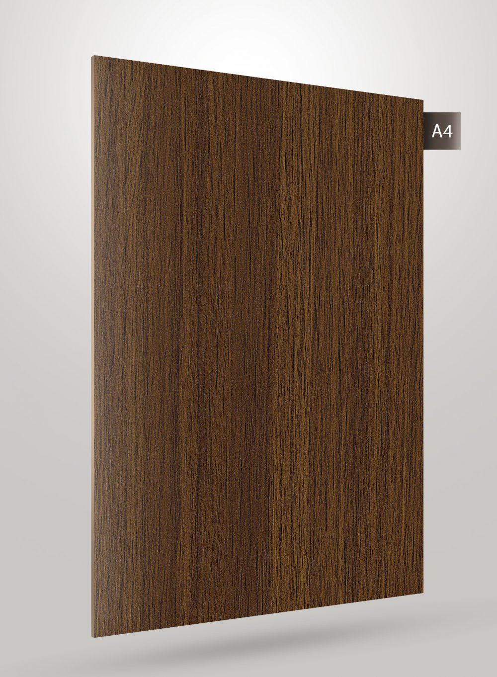 Brown wood grain decorative laminate with vertical texture and matte finish, shown on a light grey background with code