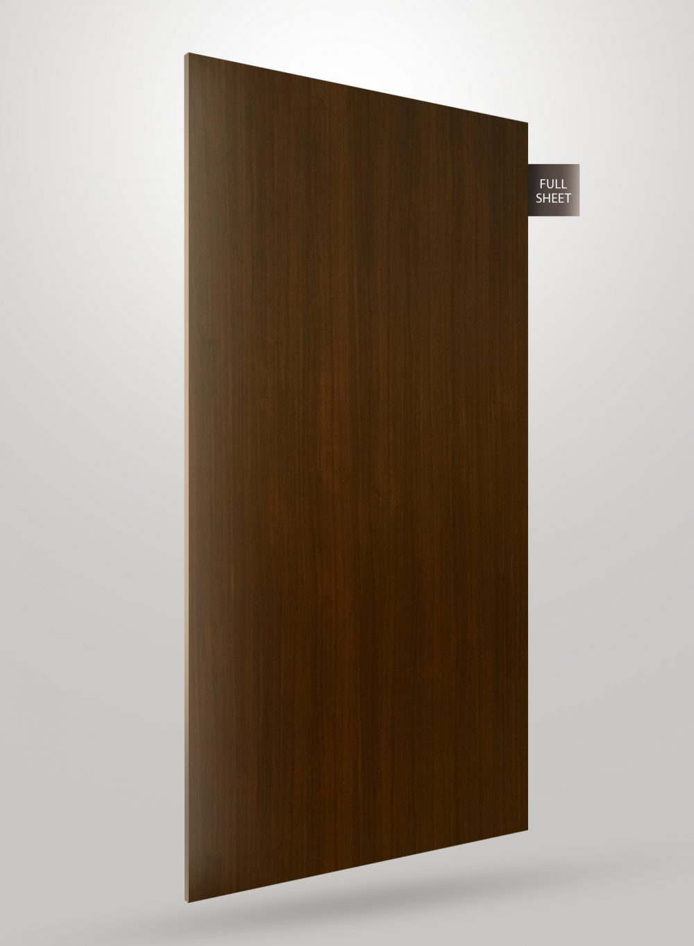 Dark brown wood grain decorative laminate with matte finish and visible wood texture, shown as full sheet.
