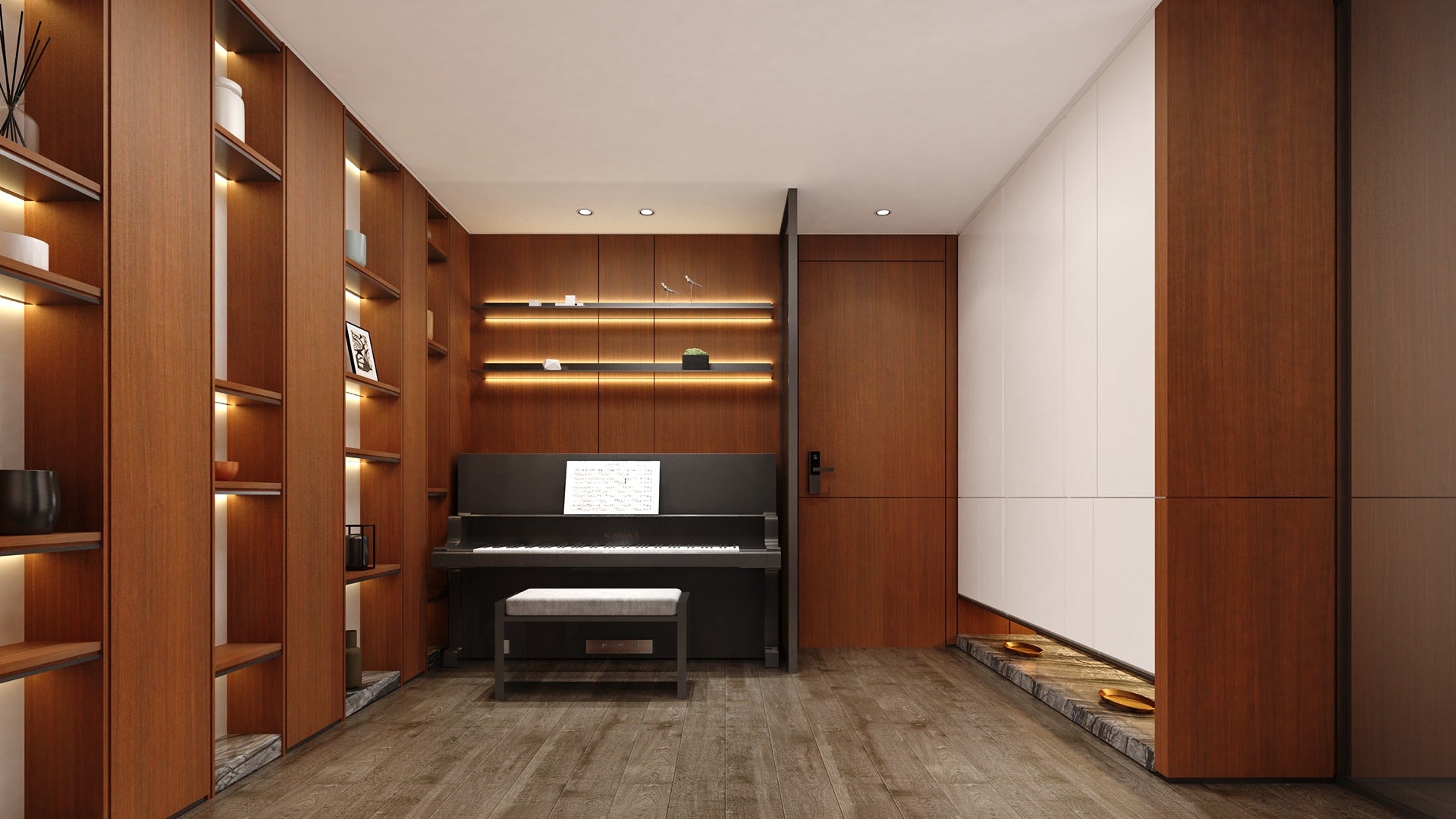 Wood laminate interior with matte finish, wood grain texture, and brown color used in a modern room with piano.