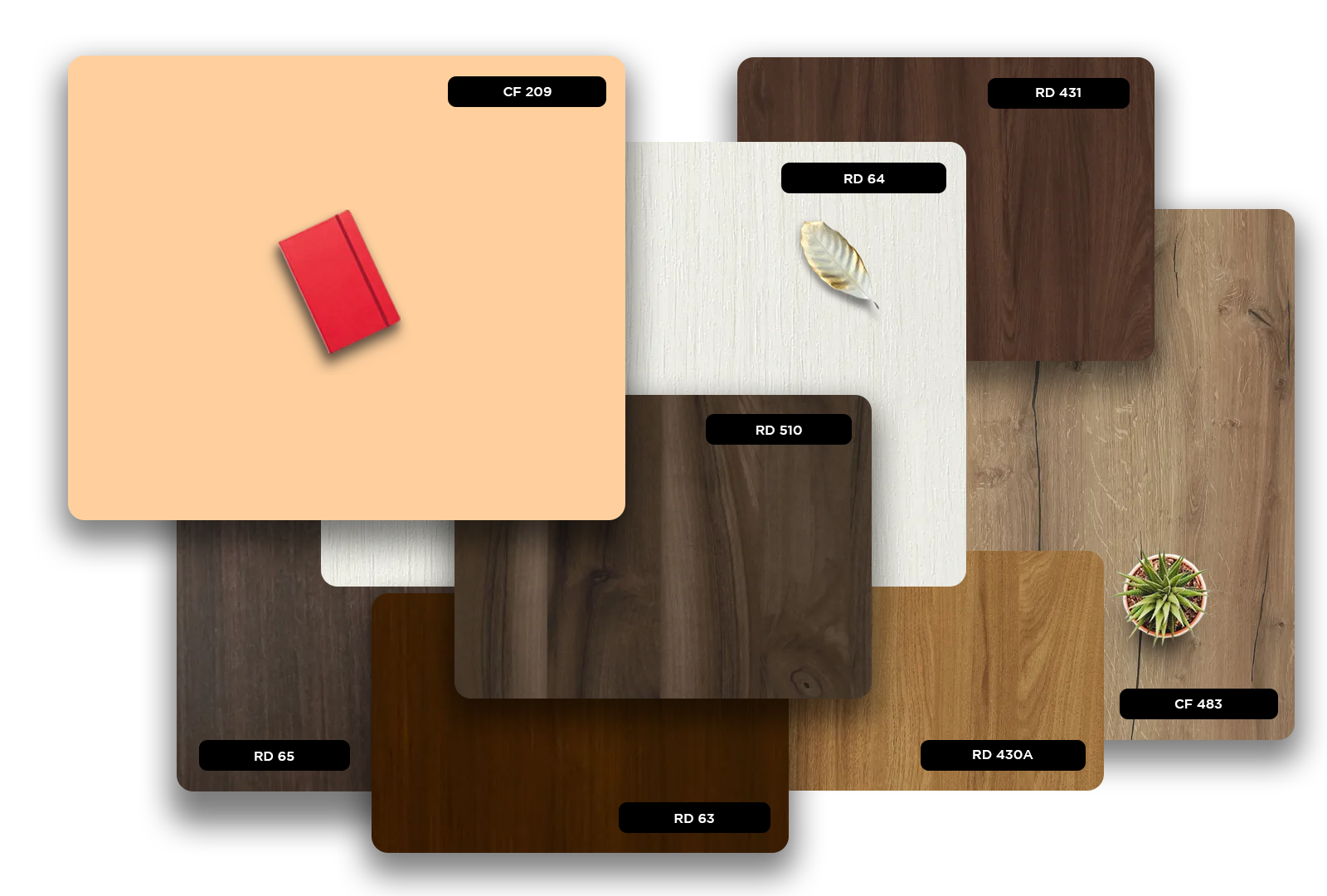 Multi-colour wood grain laminate with matte finish, showcasing various wood textures and patterns in different shades.