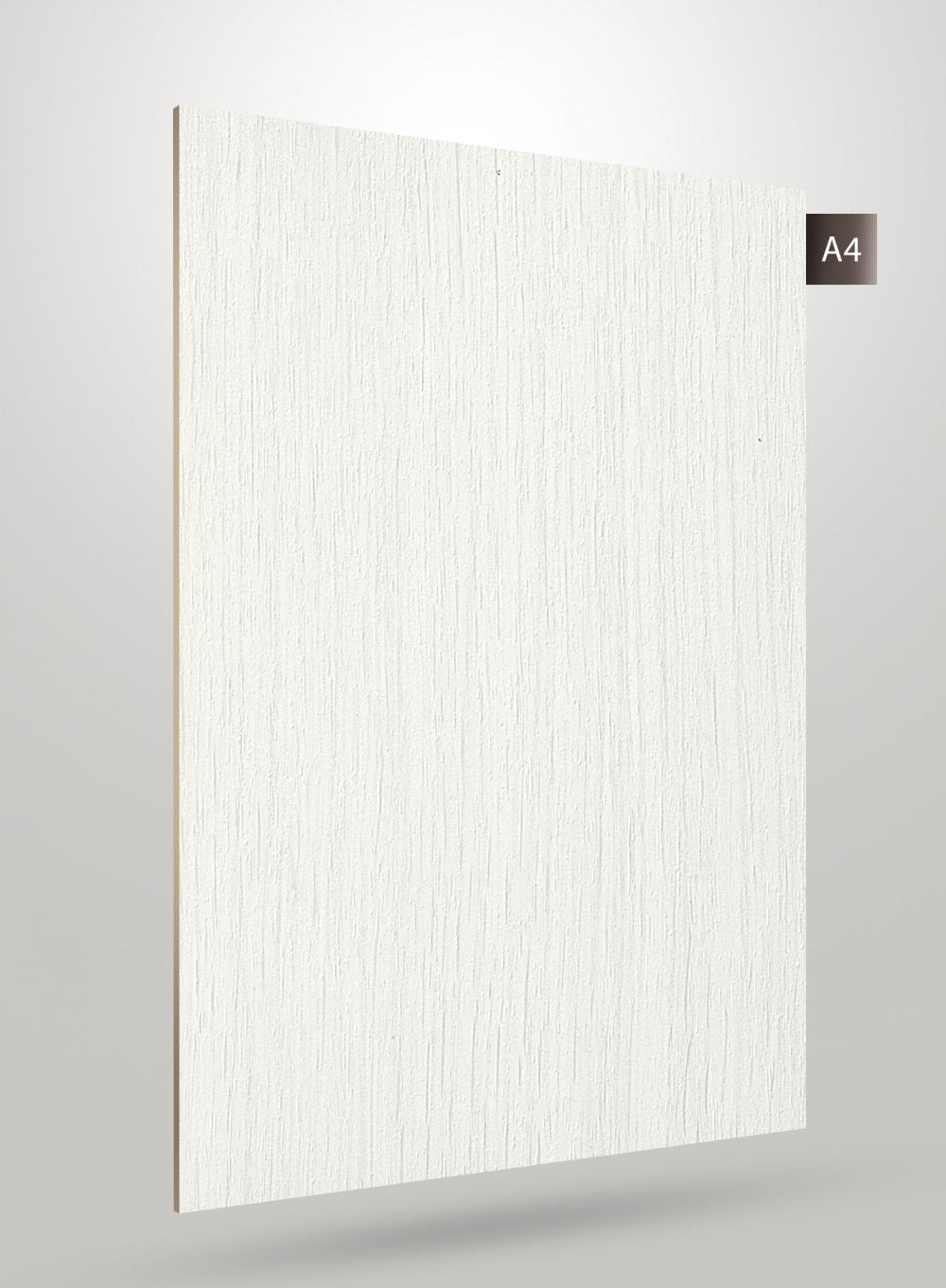 White wood grain decorative laminate with matte finish and textured surface, showing vertical grain pattern and subtle sheen.
