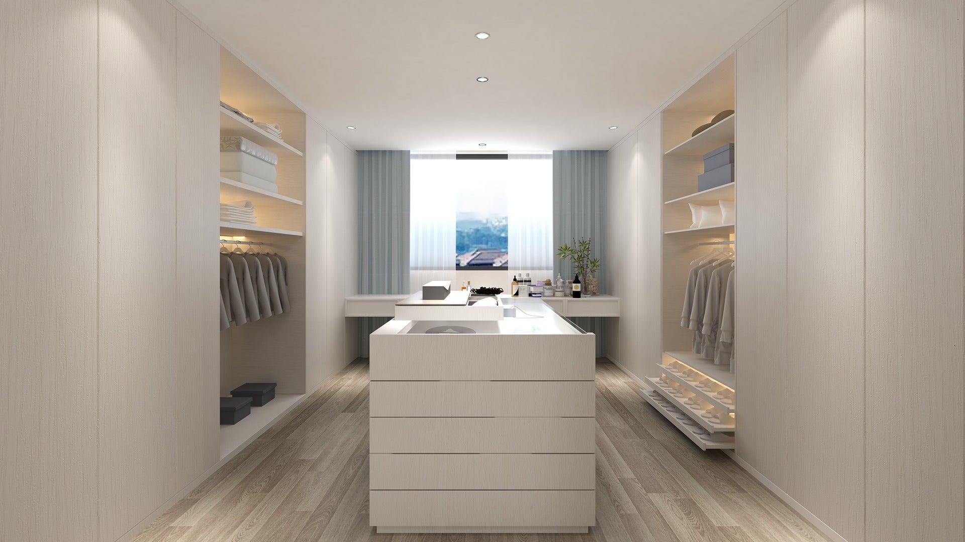 Multi-colour wood laminate in a modern dressing room with textured wood grain finish on walls and furniture.