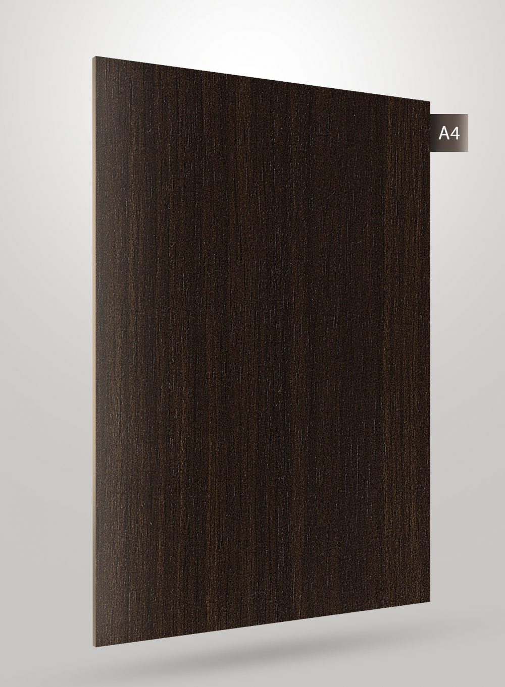 Dark brown wood grain decorative laminate with matte finish and vertical texture pattern on a square sample sheet.