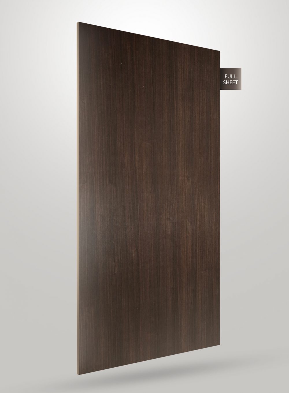 Dark brown wood grain laminate sheet with matte finish and visible wood texture, labelled full sheet.