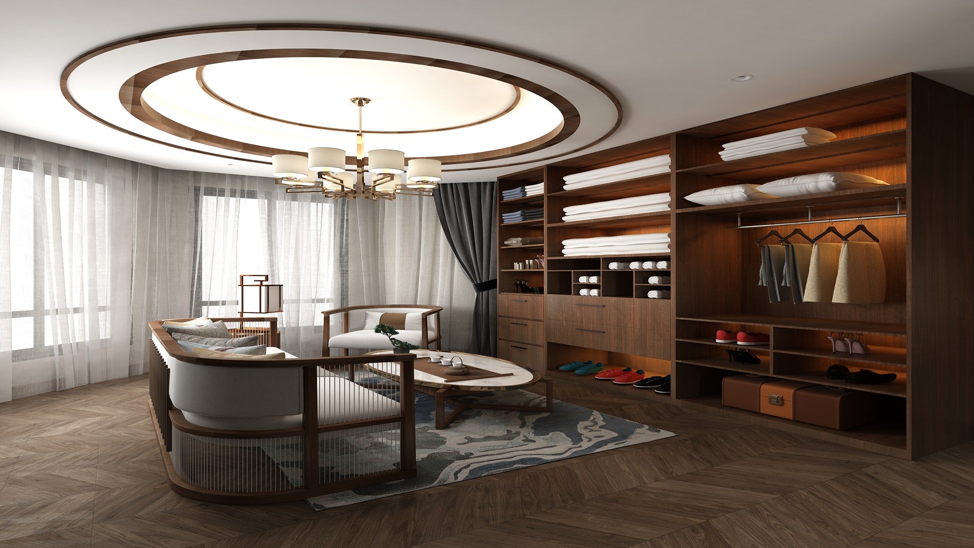 Wood laminate used in modern walk-in closet with shelving and clothing storage, featuring a wood grain texture and matte