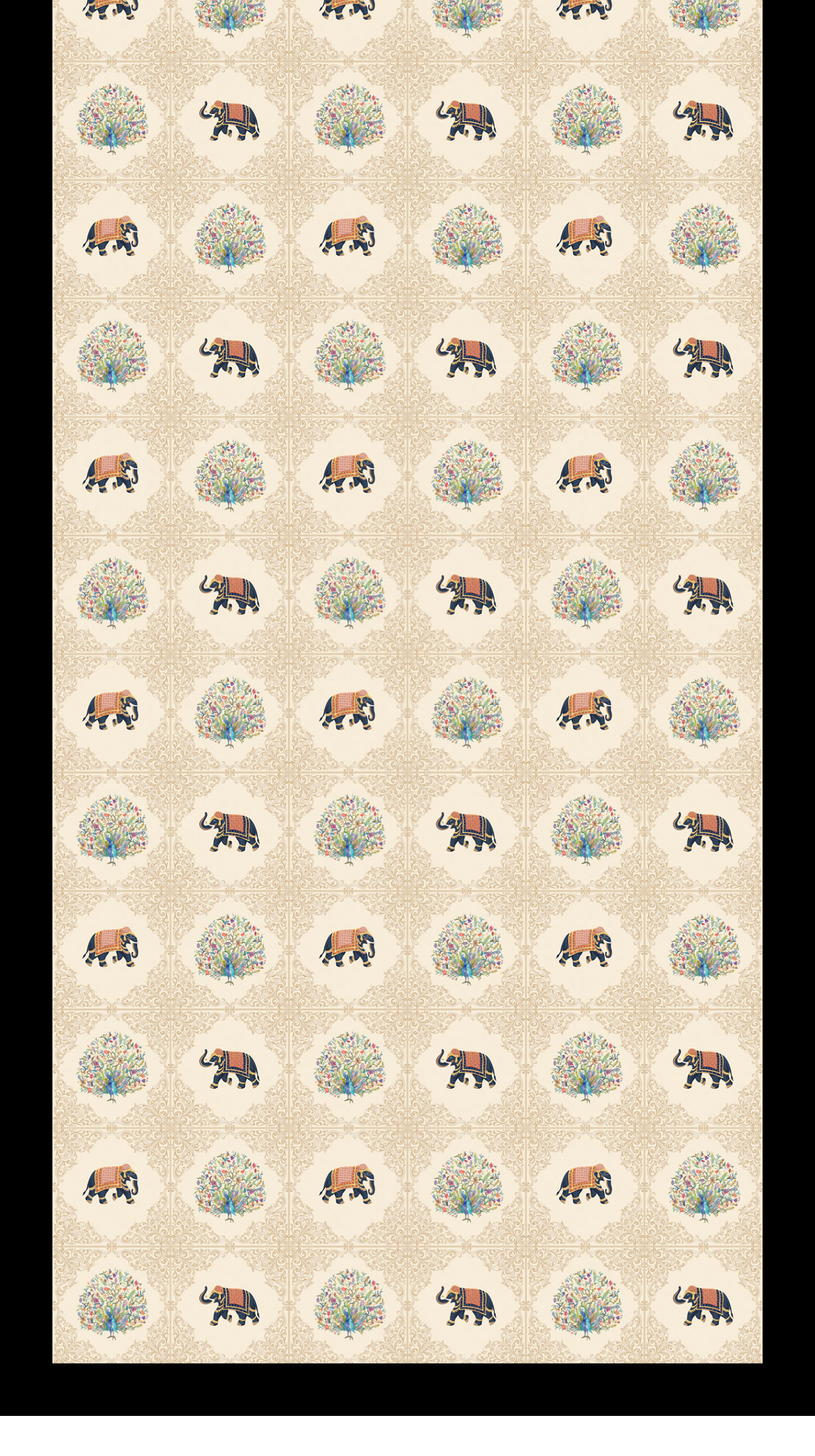 Revo Royal Menagerie digital laminate, a cream damask print with medallion peacocks and elephants in a repeating diamond lattice