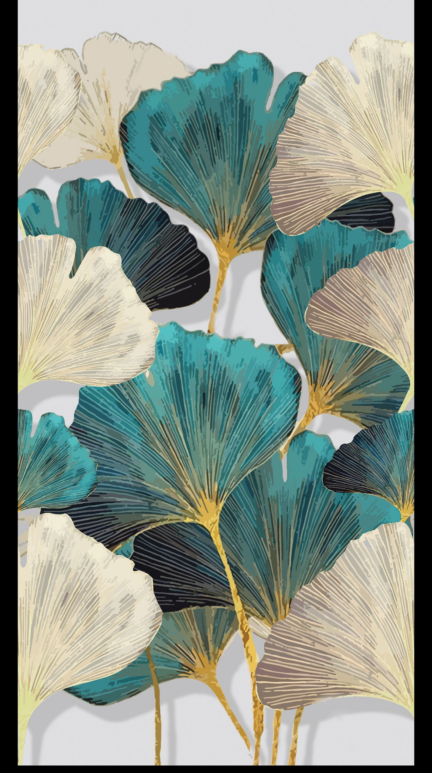 Revo Ginkgo Gold digital laminate, a teal-and-gold ginkgo leaf art print on a soft grey ground