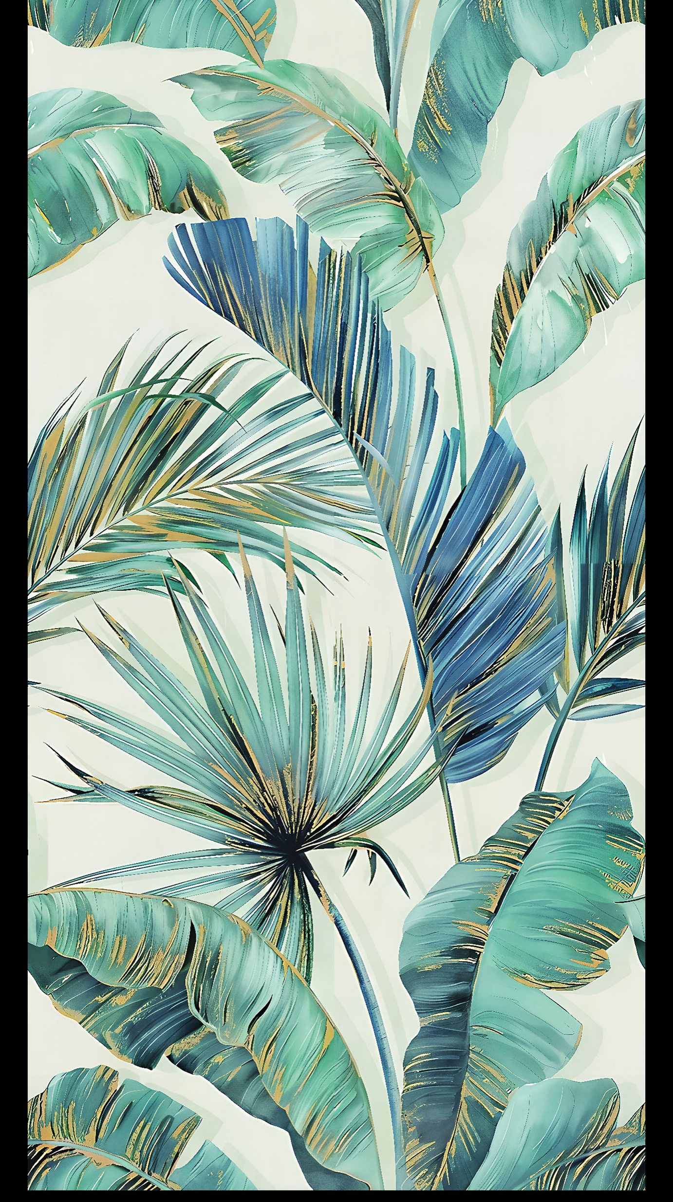 Revo Palm Fan Blue digital laminate, a tropical palm-leaf print blending teal, blue and gold brushstroke tones