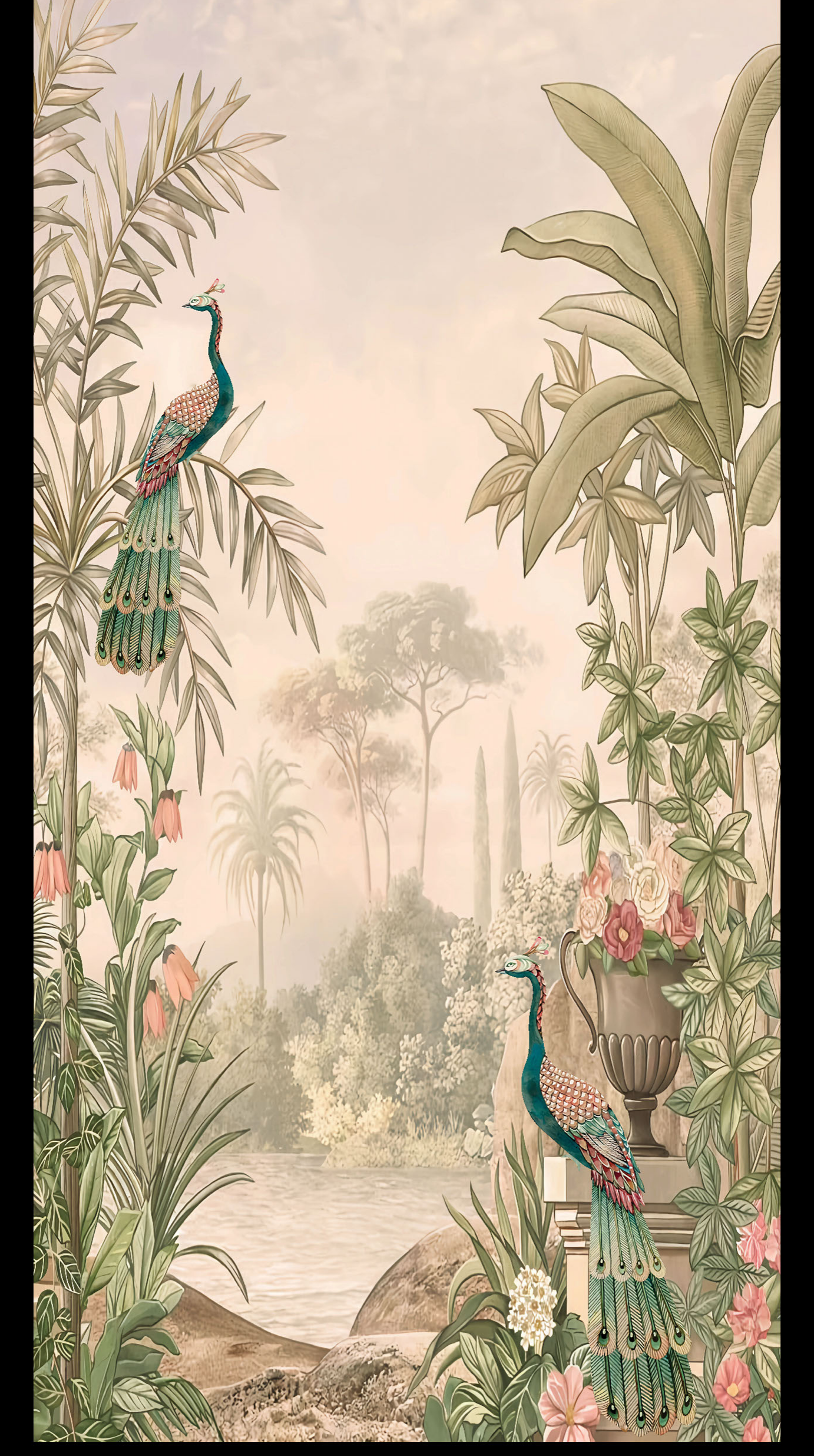 Revo Peacock Garden digital laminate, an illustrated garden mural with peacocks, urns and blooming florals