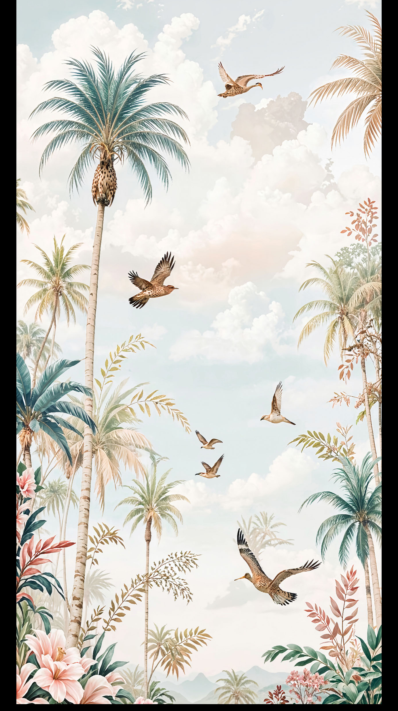 Revo Palm Sky Flight digital laminate, a scenic mural of palm trees, flying birds and soft cloud-filled sky