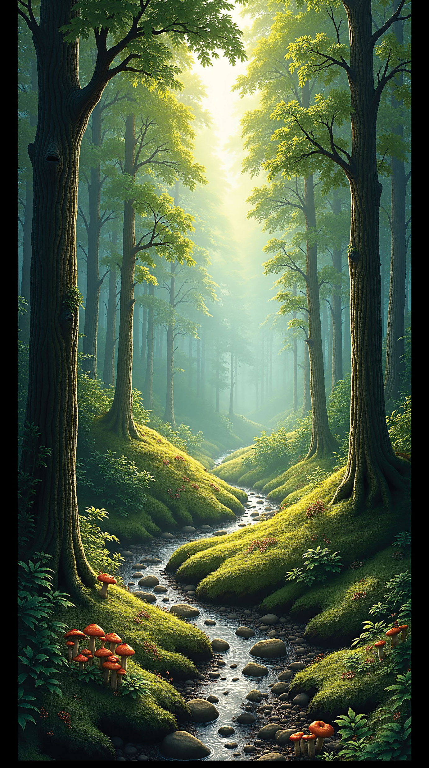 Revo Forest Stream digital laminate, a lush green forest mural with a winding stream and dappled sunlight