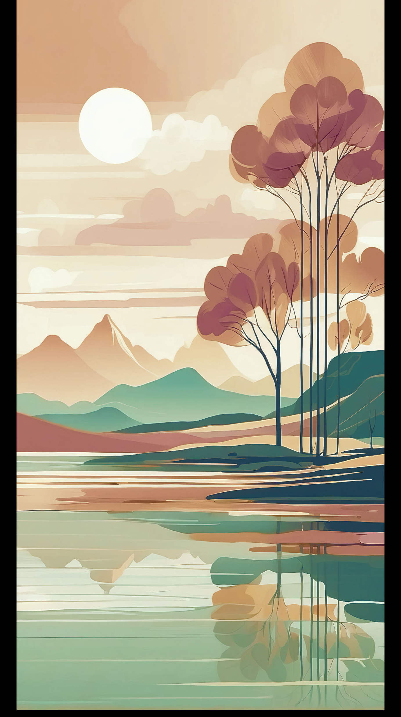 Revo Sunset Lakeside digital laminate, an illustrative sunset lakeside landscape with autumn trees and still water reflection