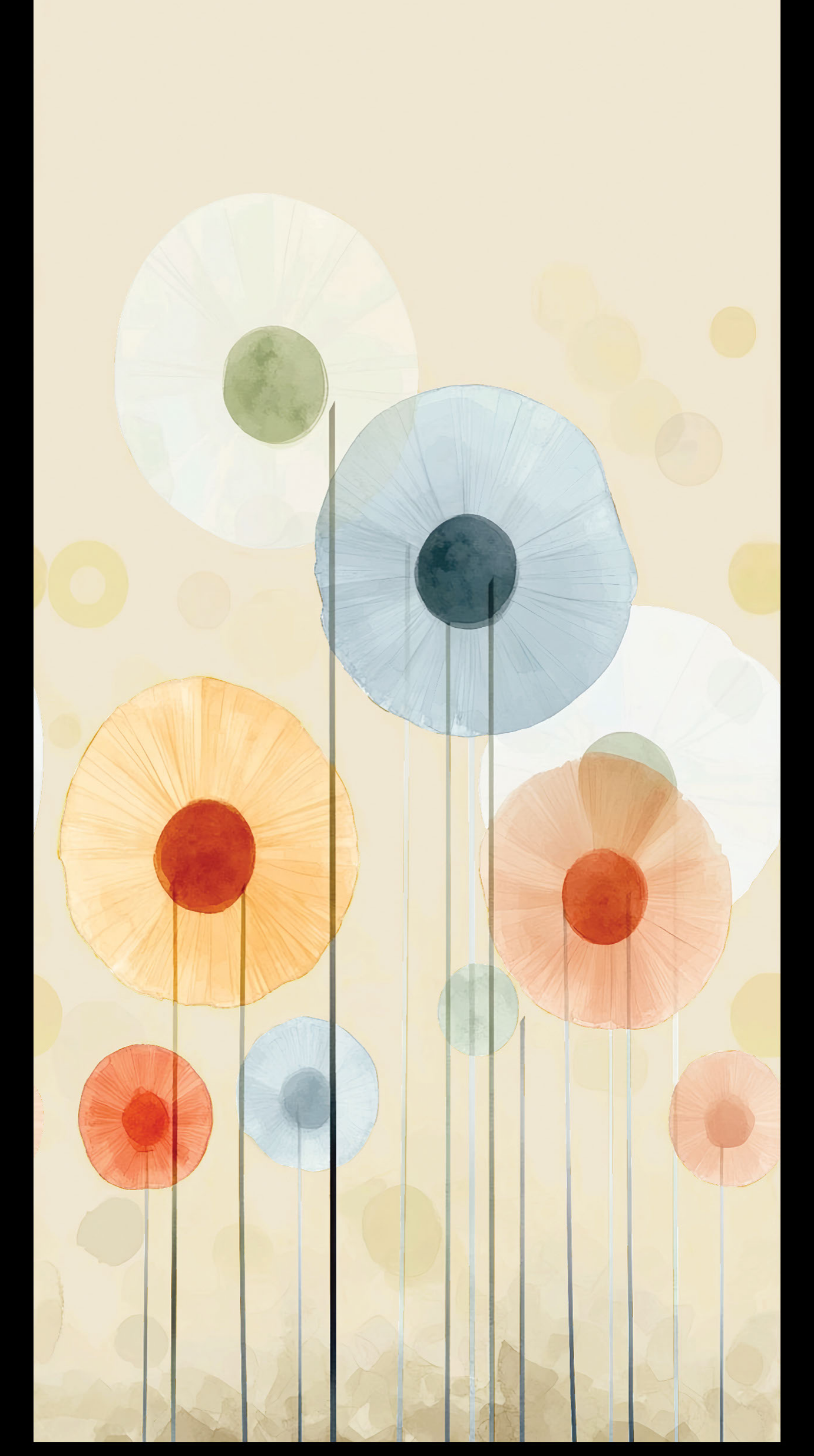 Revo Watercolour Poppies digital laminate, an abstract watercolour print of poppy-like blooms in warm coral, blue and mustard