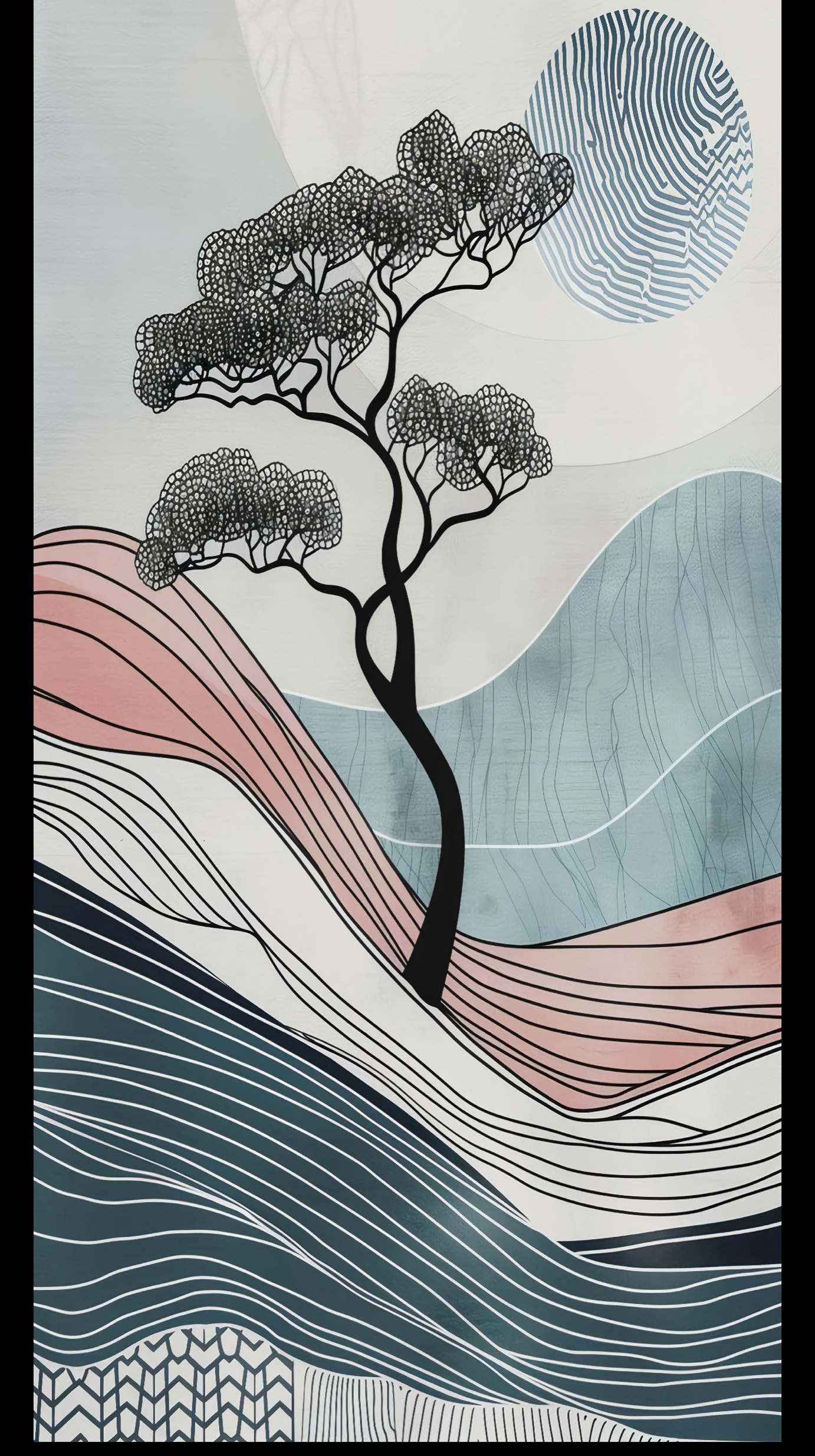 Revo Lone Tree Ridge digital laminate, an abstract landscape print of a silhouette tree over wave-line ridges in dusty rose and slate
