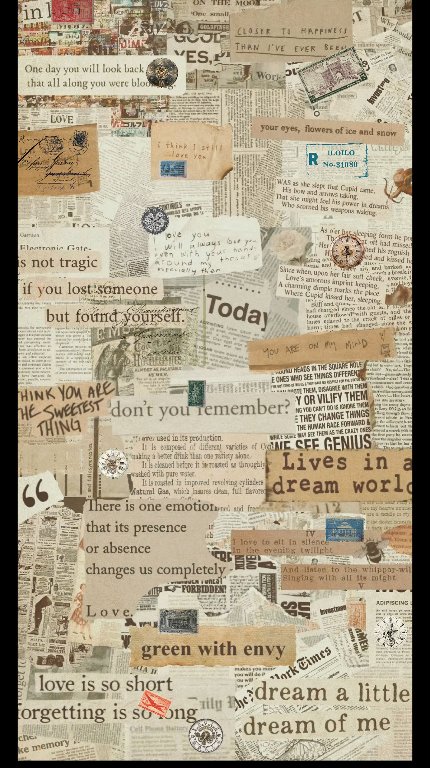 Revo Vintage Collage digital laminate, a vintage newspaper-and-postcard collage print with handwritten script accents