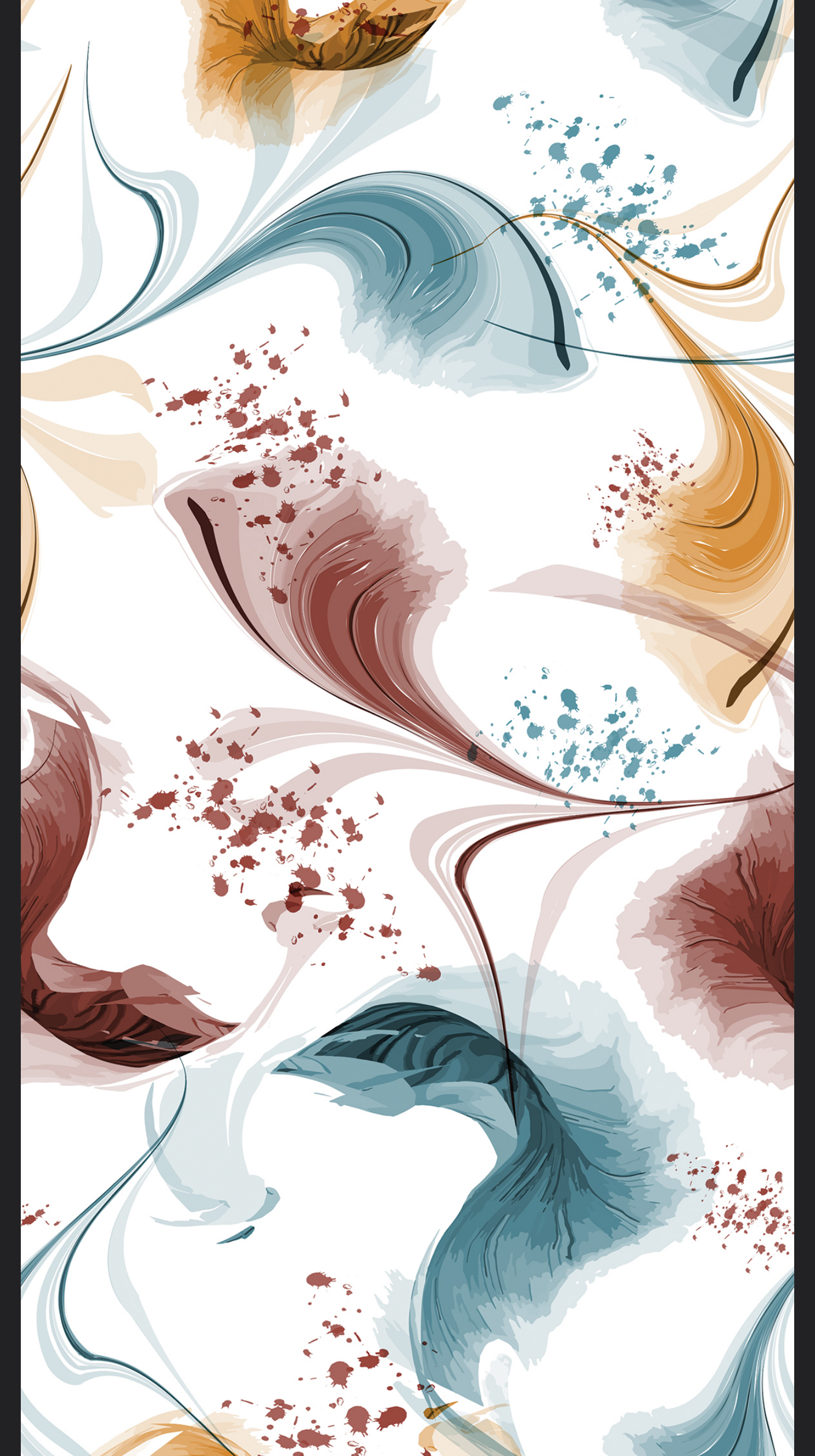 Revo Aurora Bloom digital laminate, a free-flowing abstract print in teal, rust and gold watercolour swirls with fine ink-splatter accents