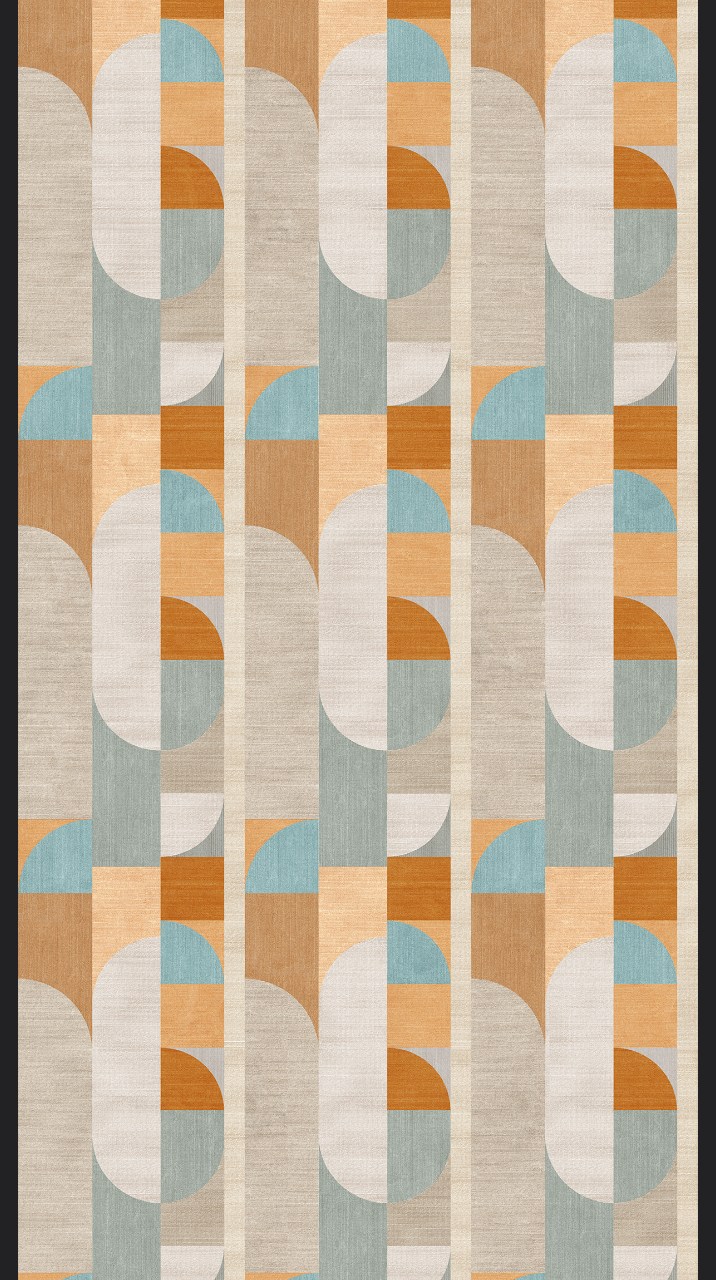 Revo Deco Arch digital laminate, a retro art-deco arch motif in terracotta, teal and sand tones on a warm linen ground