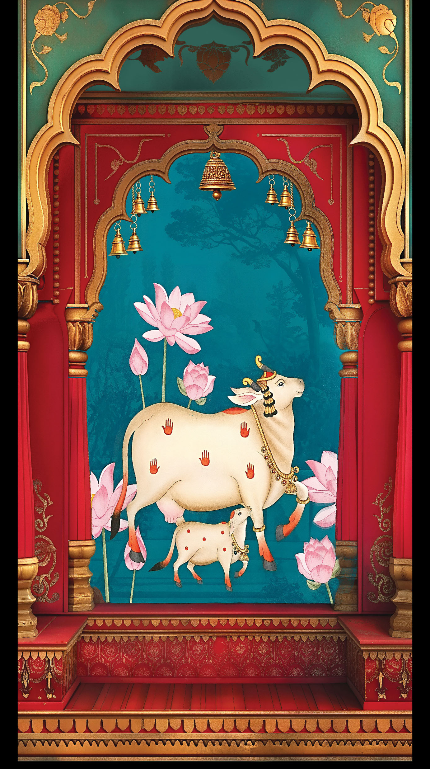 Revo Temple Devotion digital laminate, a temple-arch motif with a devotional cow-and-calf scene framed in gold and red