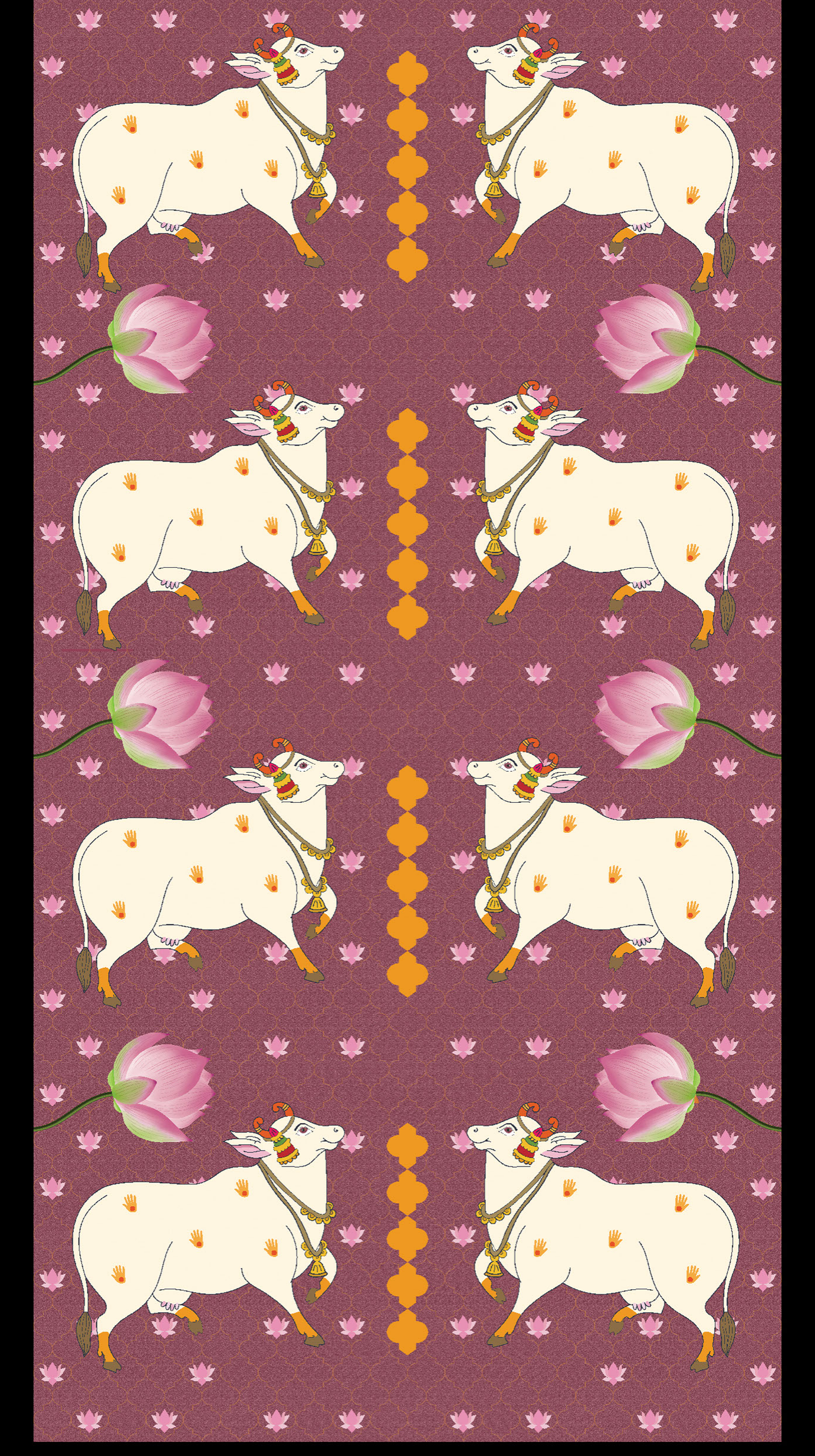 Revo Sacred Cow Repeat digital laminate, a repeating cow-and-lotus motif on a deep maroon ground
