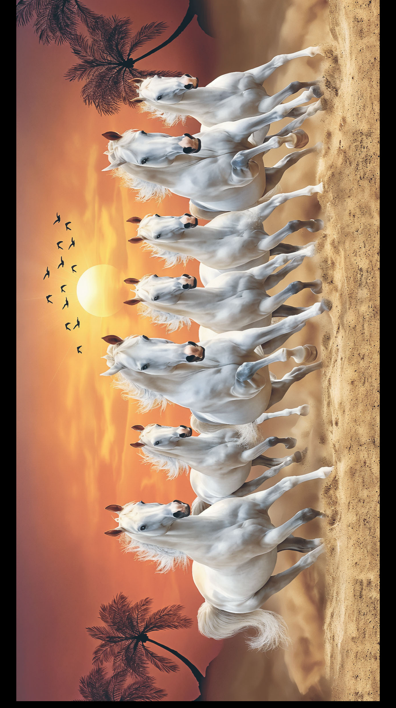 Revo Desert Stallions digital laminate, a dramatic print of white horses running across a desert at sunset