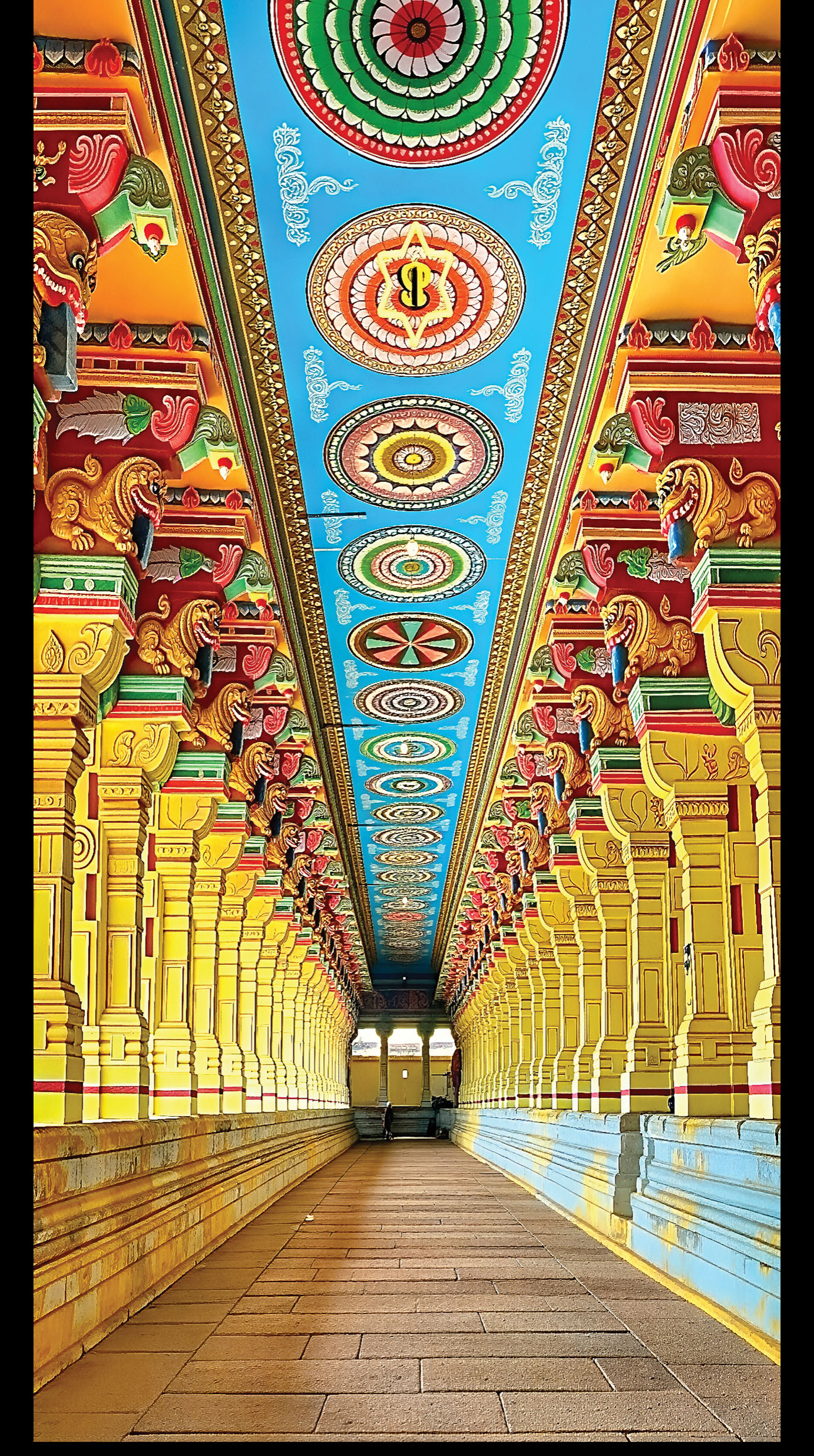 Revo Temple Corridor digital laminate, a vividly painted temple-corridor ceiling and pillar photographic print