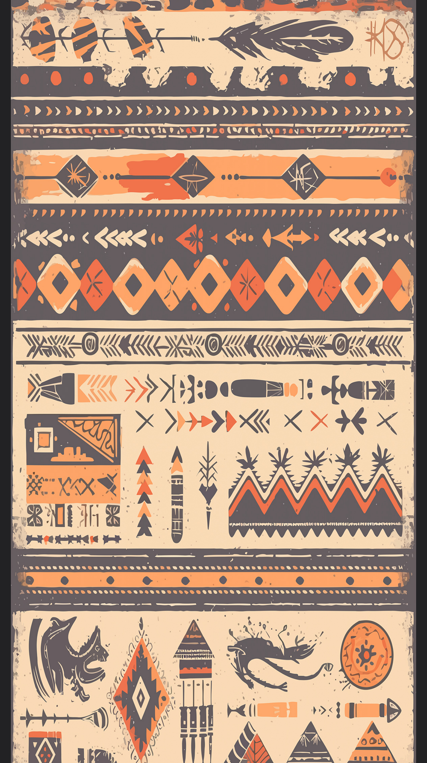 Revo Tribal Sunburst digital laminate, a tribal-art motif print in burnt orange, cream and charcoal with sunburst and arrow details