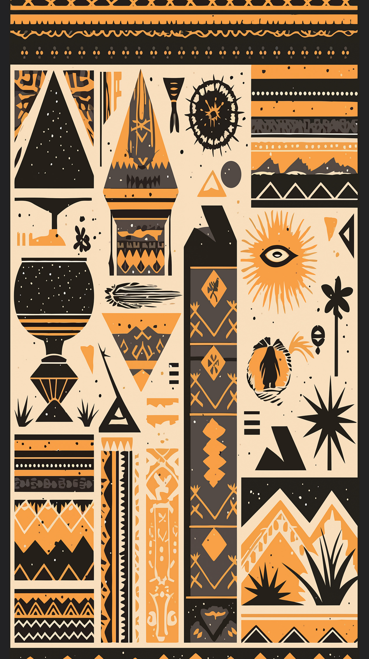 Revo Desert Tribal digital laminate, a bold tribal-art print with mountains, cacti and geometric totems in orange and black