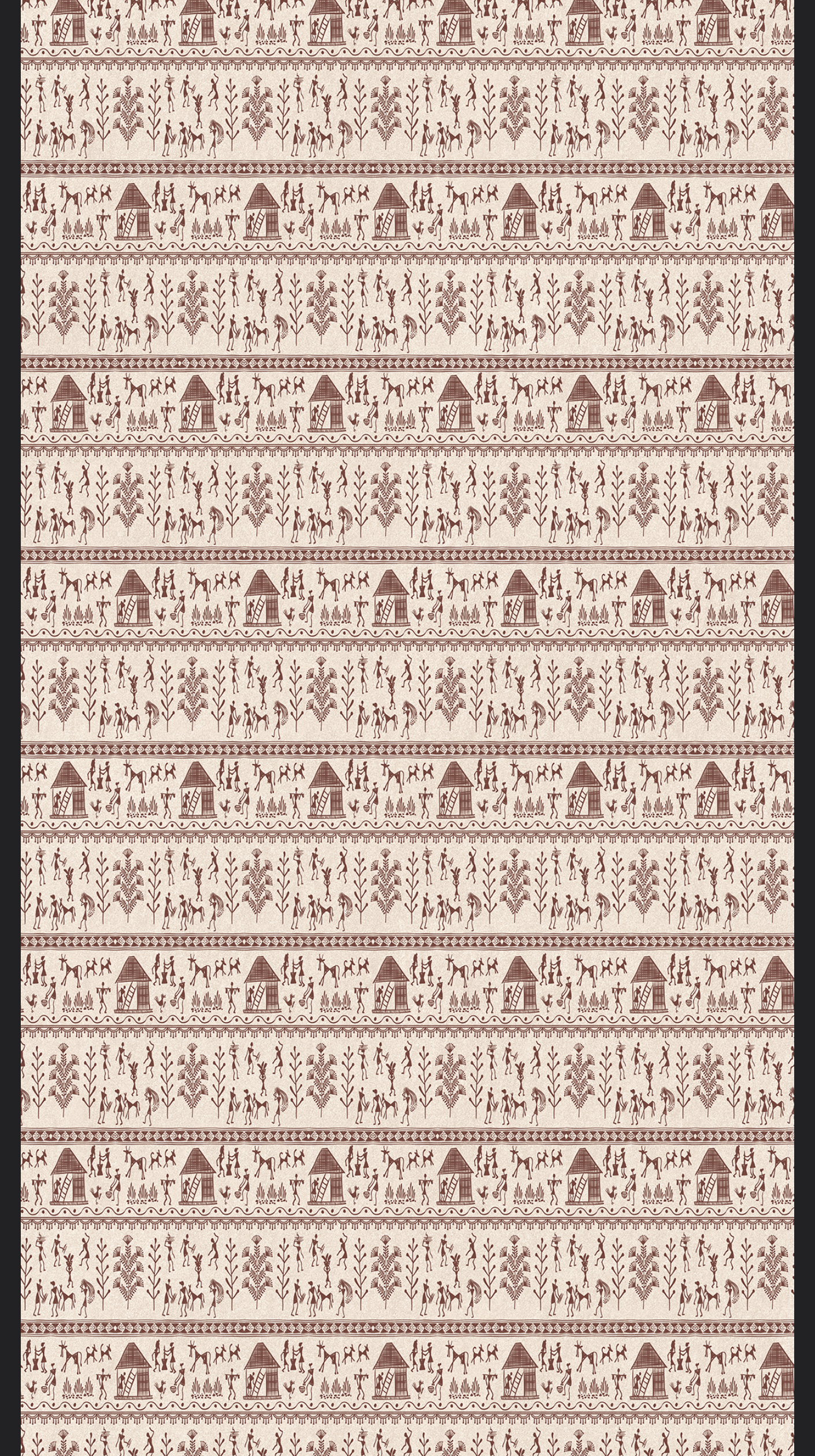Revo Warli Folk Art digital laminate, a traditional Warli folk-art print of village life in maroon on cream