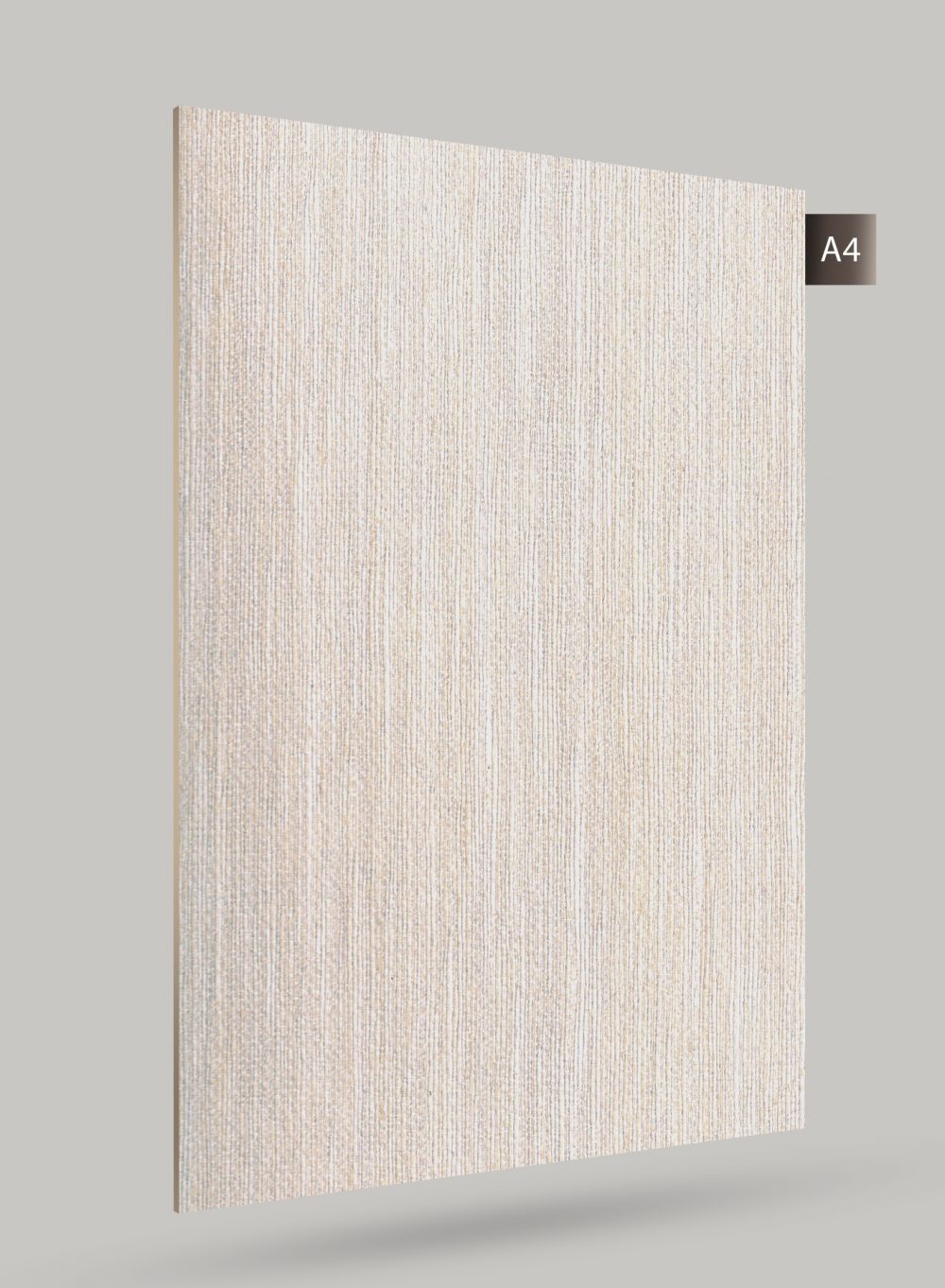 Beige fabric laminate with matte finish and textured pattern, showing vertical lines and subtle sheen on its surface.