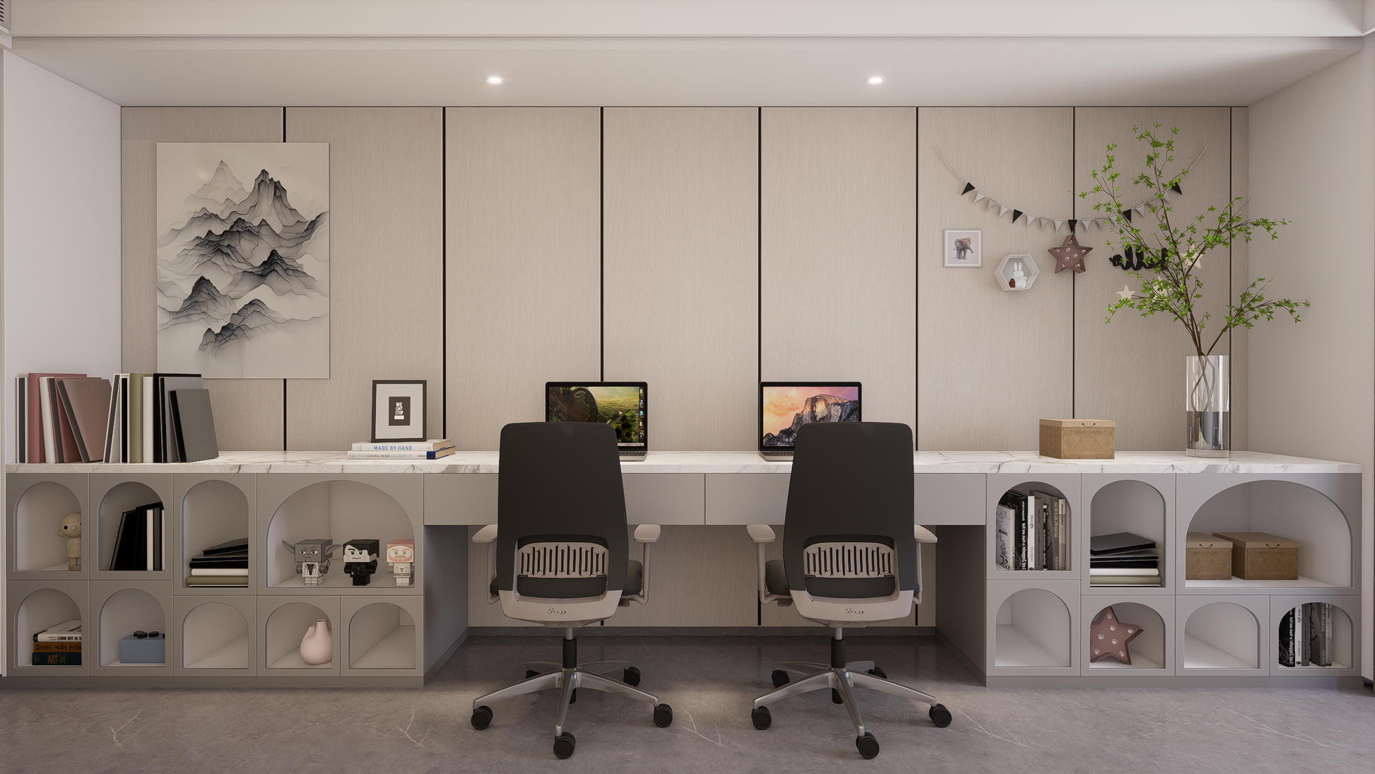 Beige fabric laminate wall panels with matte finish in a modern office setting with minimalist decor and furniture.