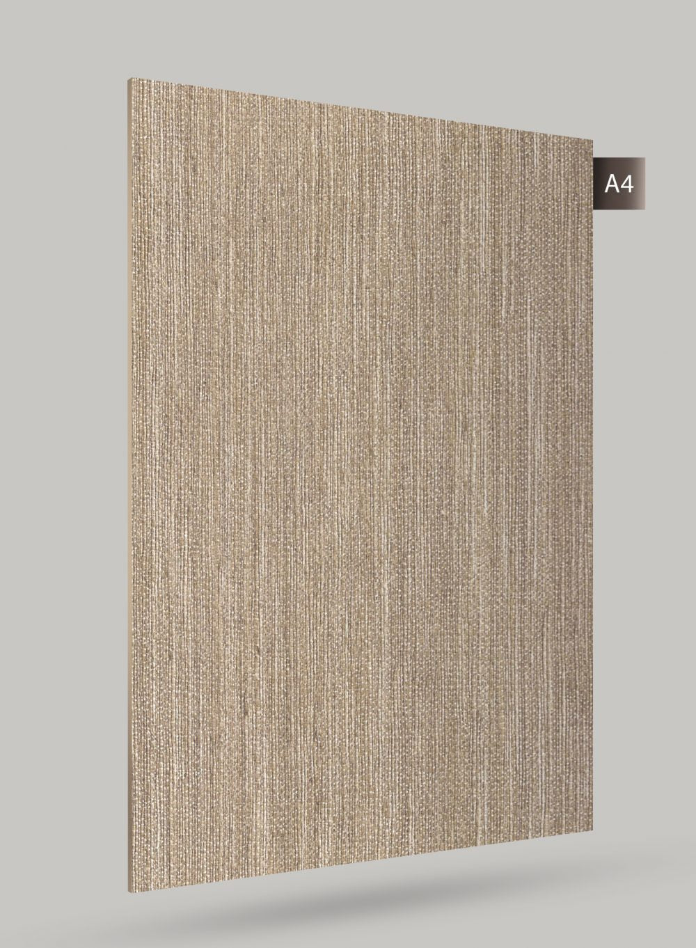 Beige fabric laminate with matte finish and textured vertical pattern, showing subtle sheen and fabric-like appearance.